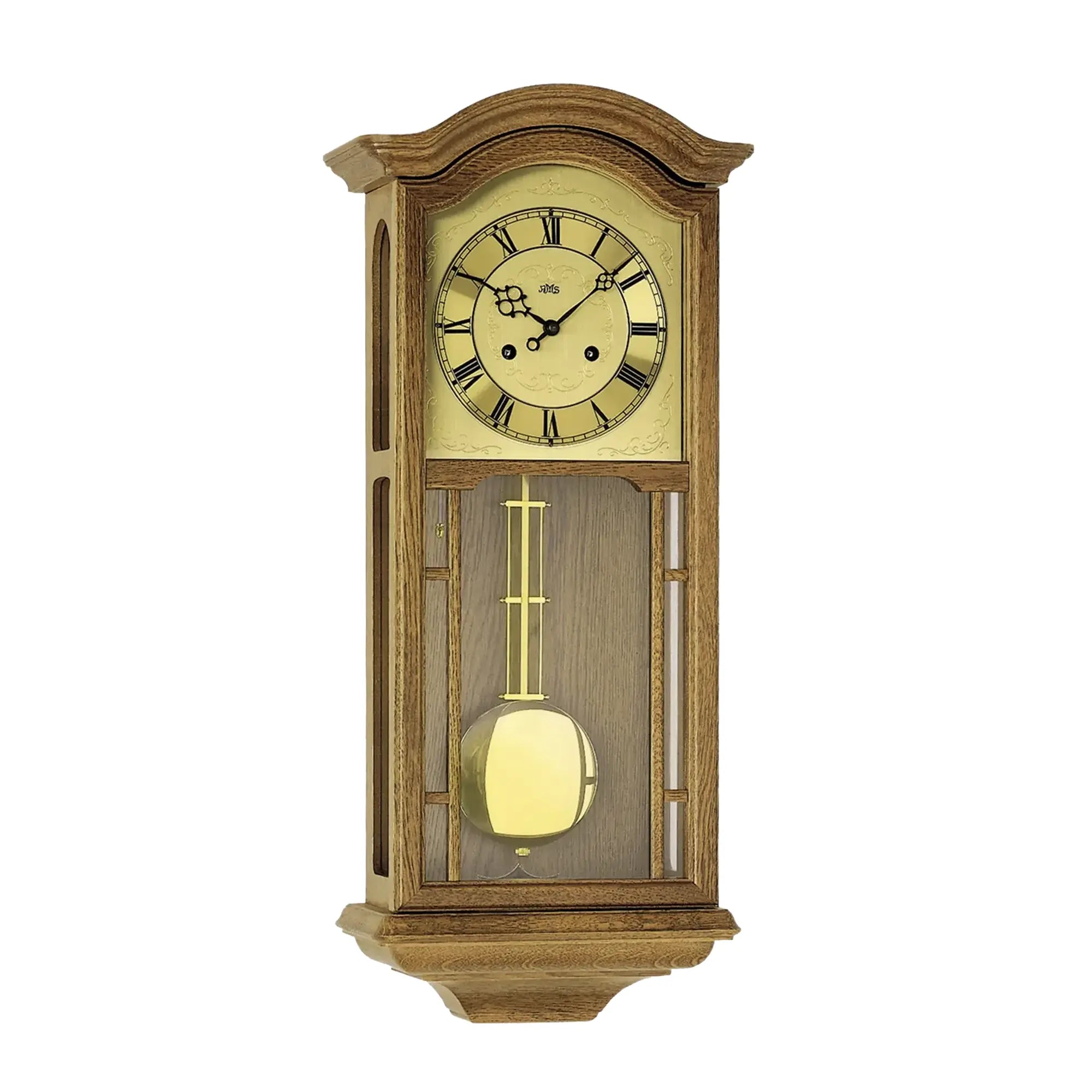 Wanduhr mit Eichenholzgehäuse und analogem Zifferblatt, Pendel im unteren Bereich
