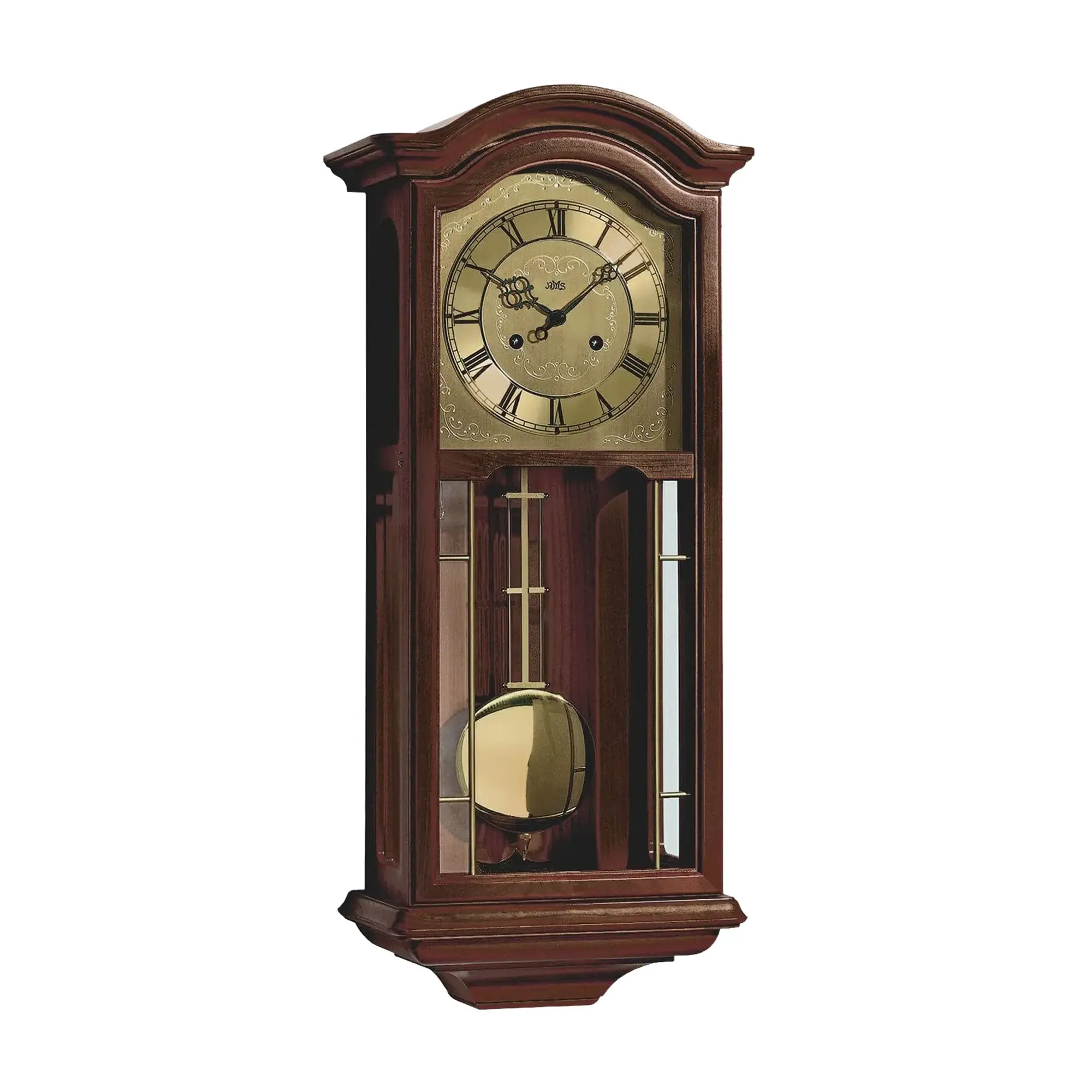 Wanduhr im Nussbaumgehäuse mit Sichtfenster und goldenem Pendel