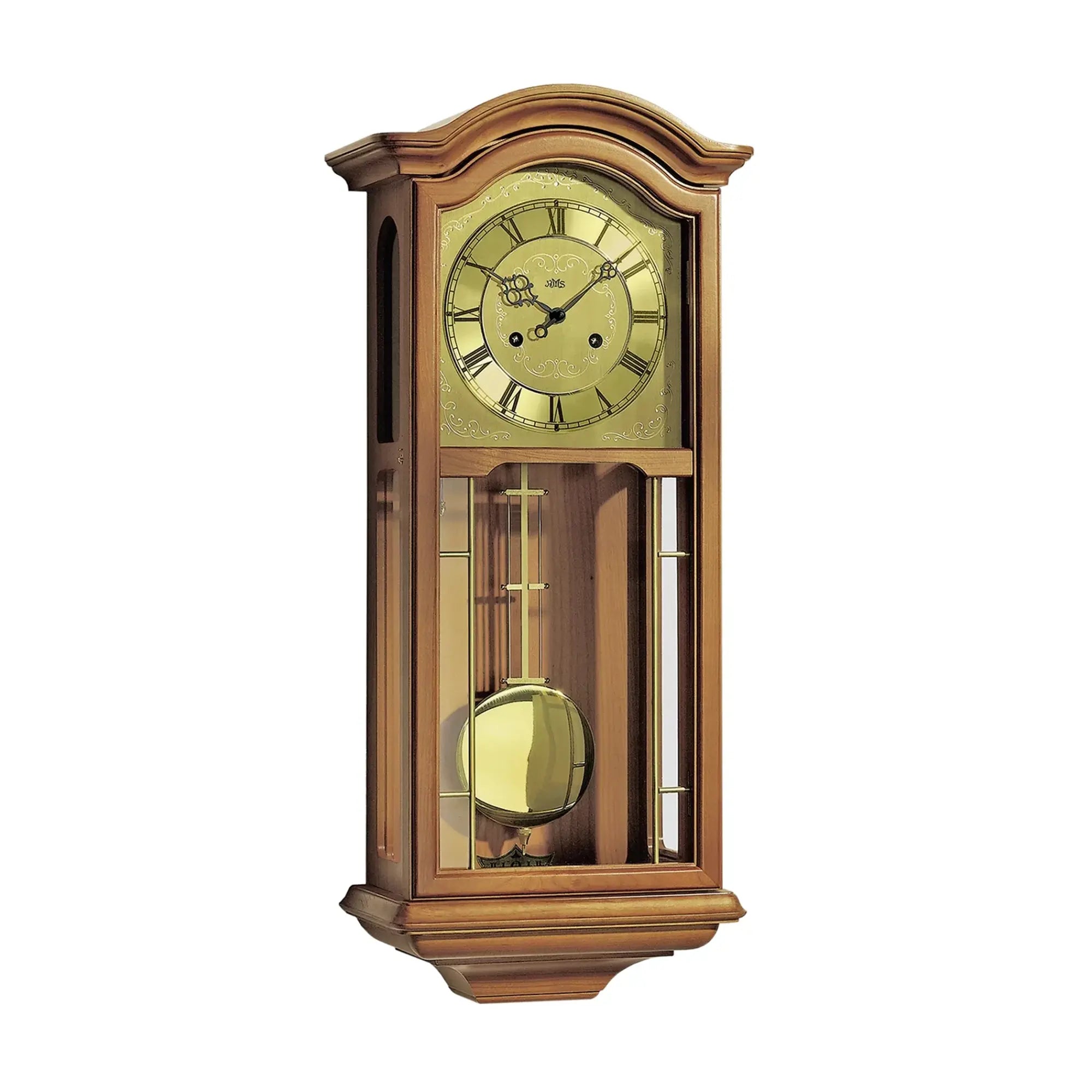 Pendulum wall clock, cherry wood finish case with curved hood and pendulum ball