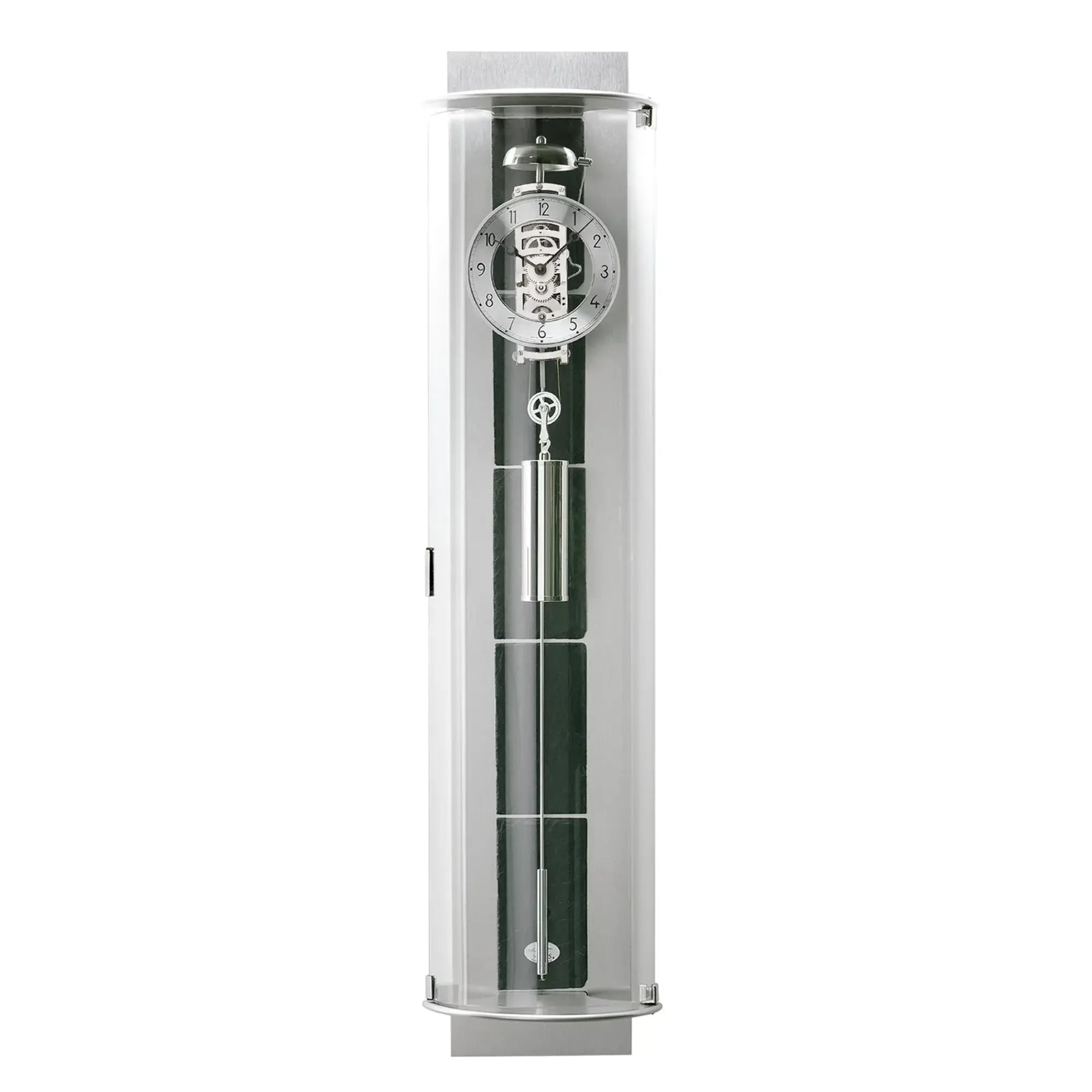 Wall clock in a transparent cylinder with mechanical movement and green slate insert