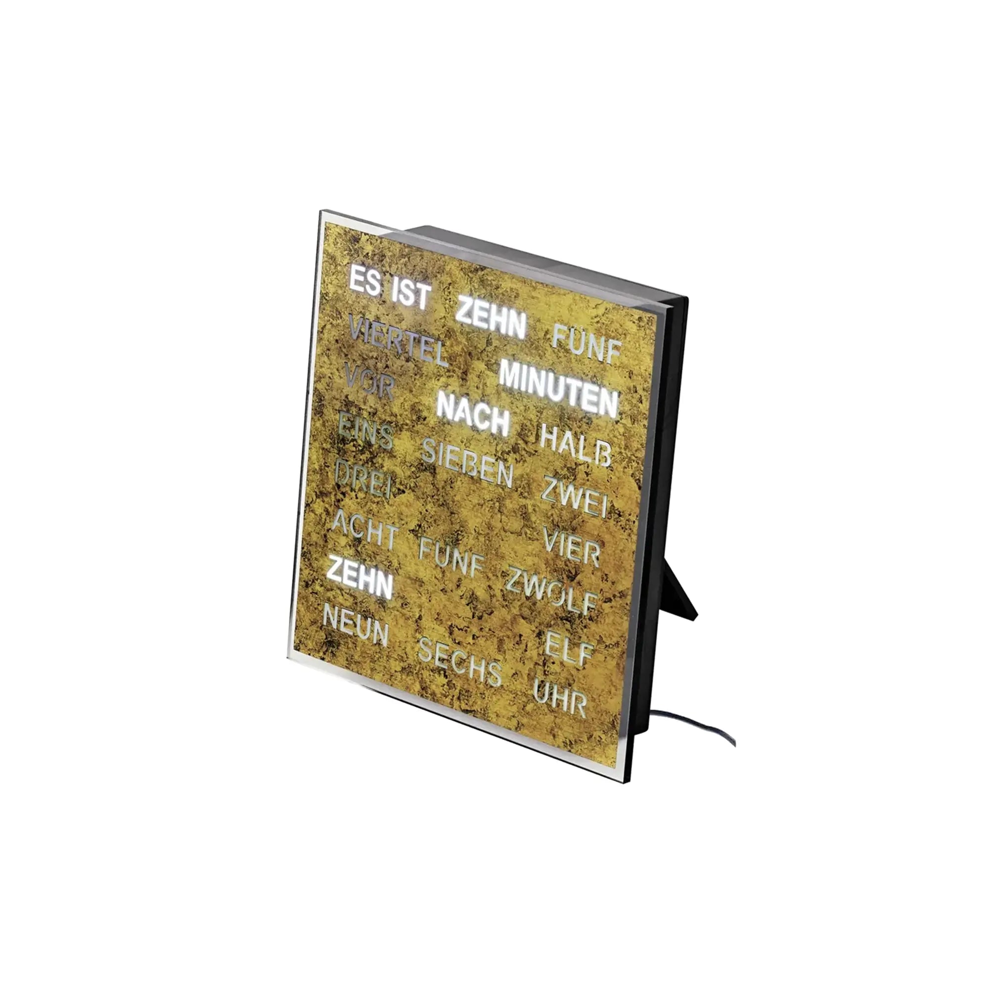 Wanduhr mit LED-Textanzeige, goldbraunes Gehäuse, Netzanschlusskabel