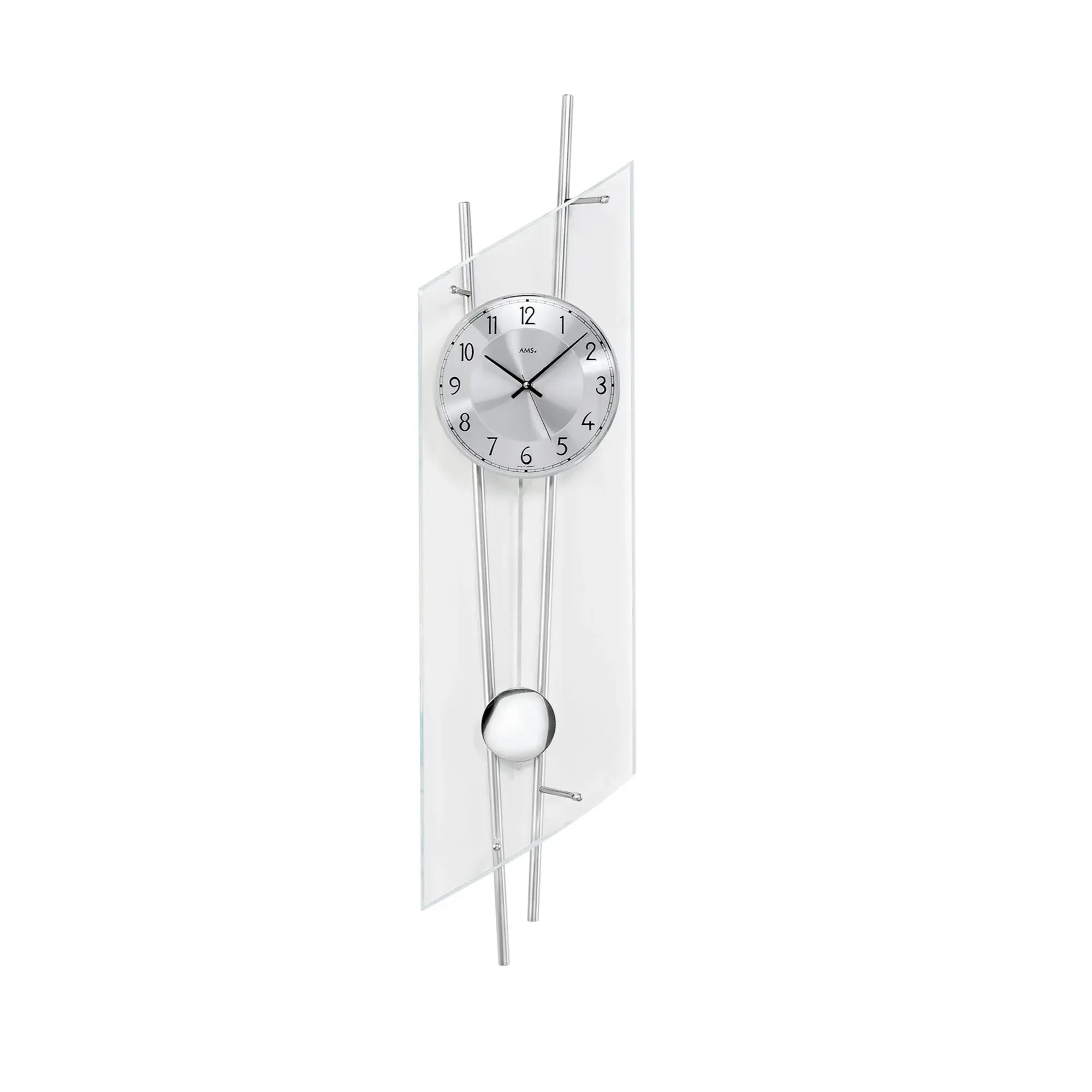 Wanduhr mit rundem Zifferblatt, silbernen Stangen und transparentem Glasrahmen