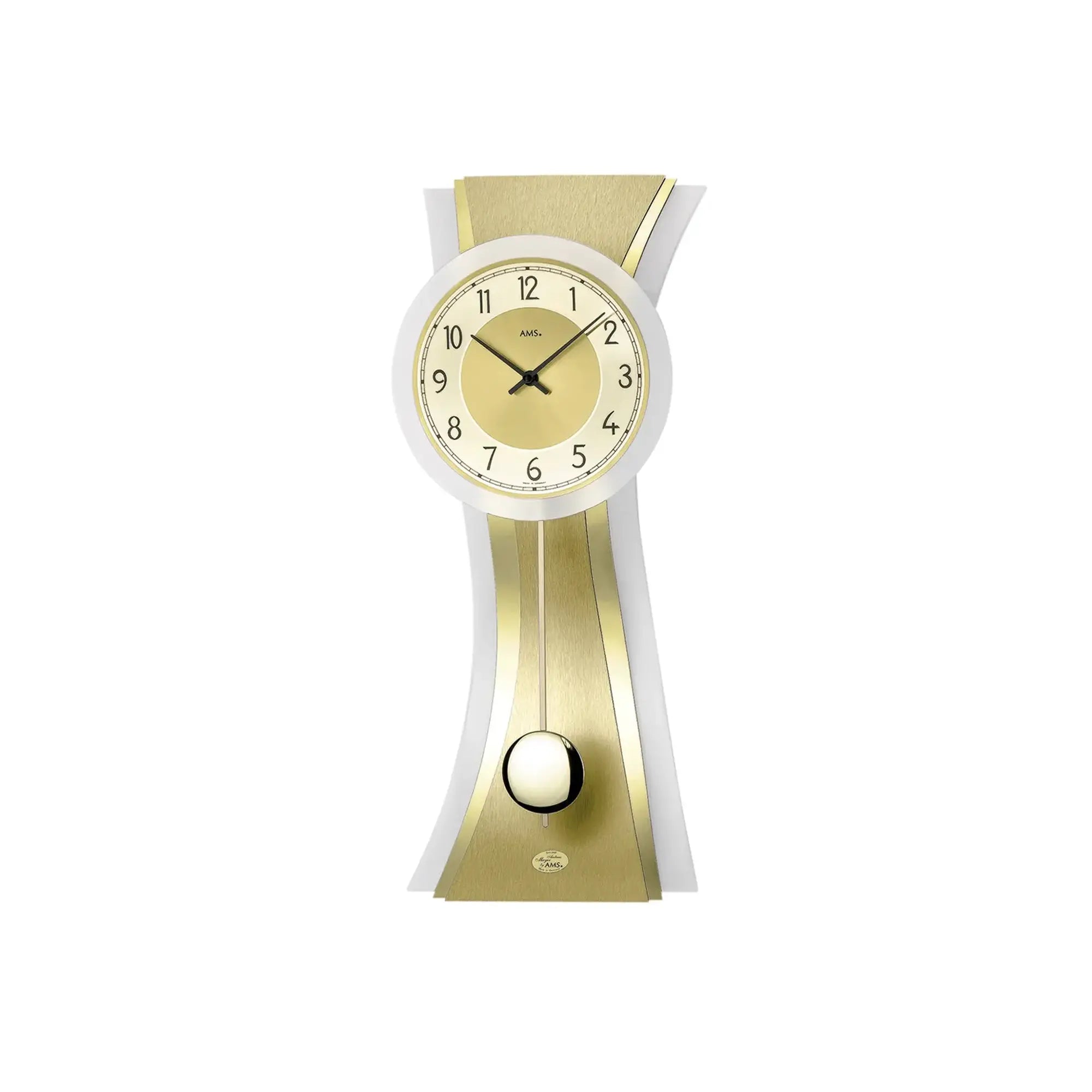 AMS-Wanduhr mit rundem Zifferblatt, goldfarbenem Design und wandnaher Pendeloptik