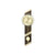 Wanduhr mit rundem Zifferblatt, goldfarbener Anzeige und Pendelknauf an Holzplatte