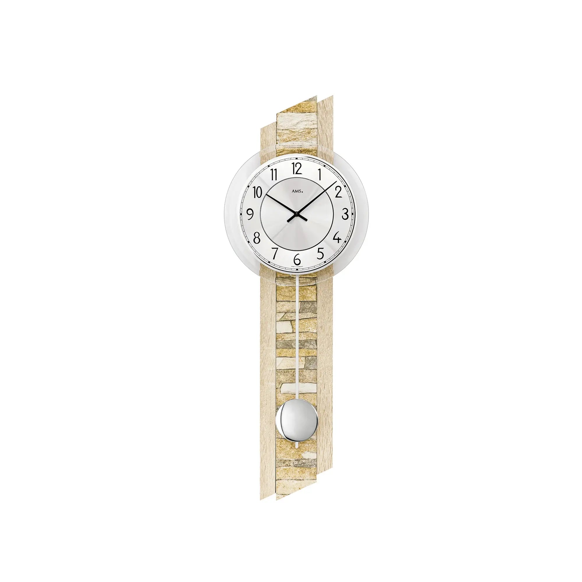 Wanduhr mit rundem Zifferblatt, Steinoptik-Gehäuse im Sonoma-Ton und kugeligem Pendel