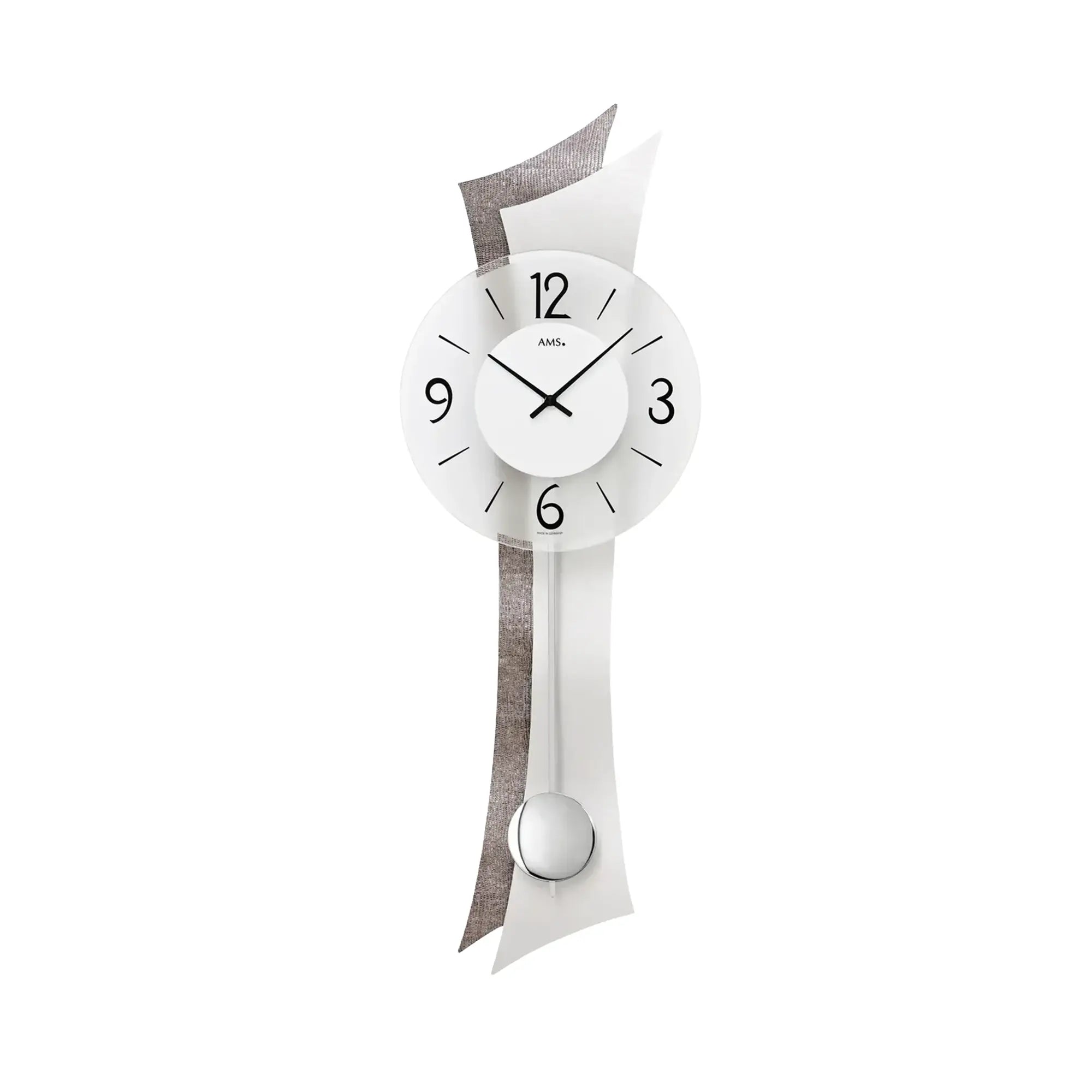 Wanduhr mit rundem Zifferblatt, großen Zahlen und grauem Kunstlederband, rundes Gewichtelement