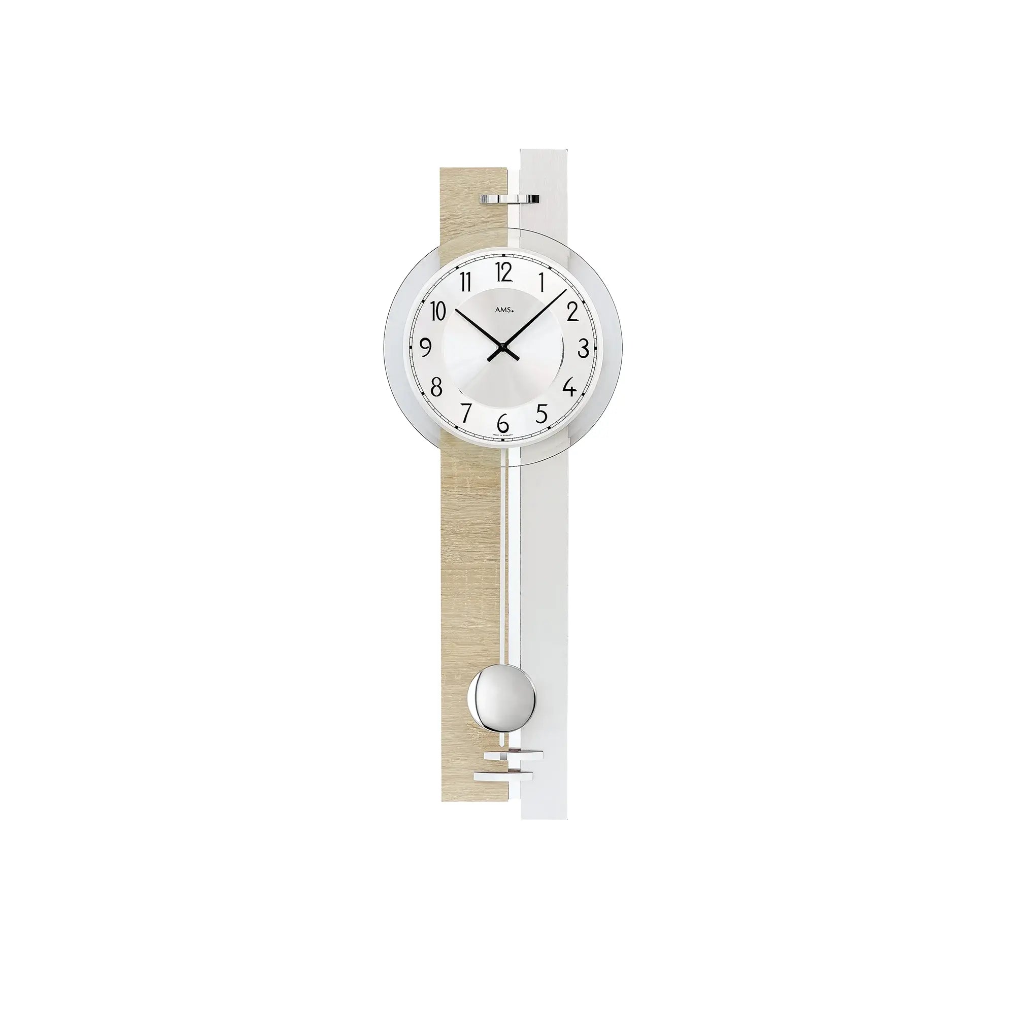 Wanduhr mit rundem Ziffernblatt und Pendelball, Sonoma-Holzoptik, silberne Details