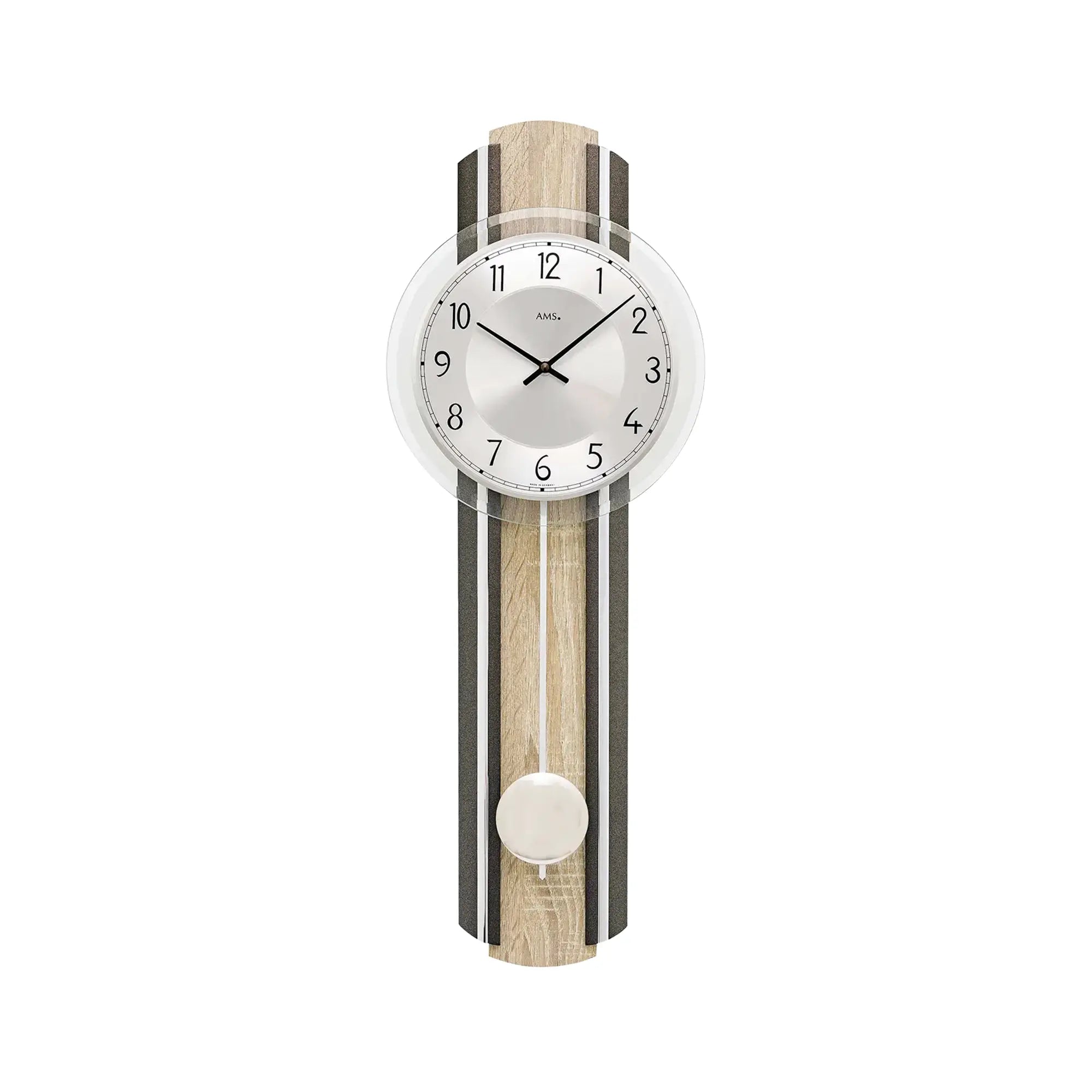 Wanduhr mit rundem Zifferblatt, Holz-Optik und dunkelgrauen Seitenstreifen