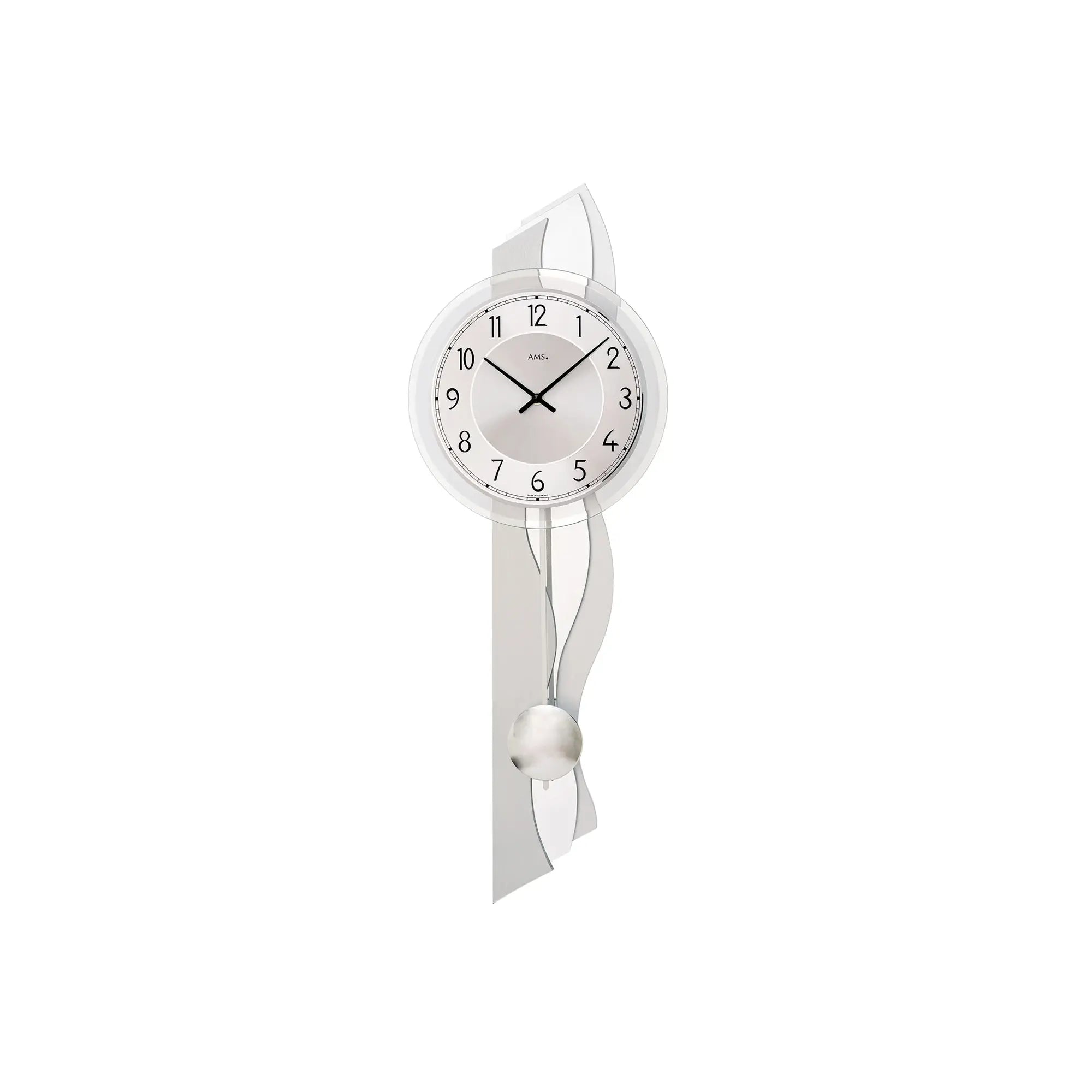 Wanduhr mit rundem Zifferblatt, Aluminiumgehäuse und pendelnder Kugel