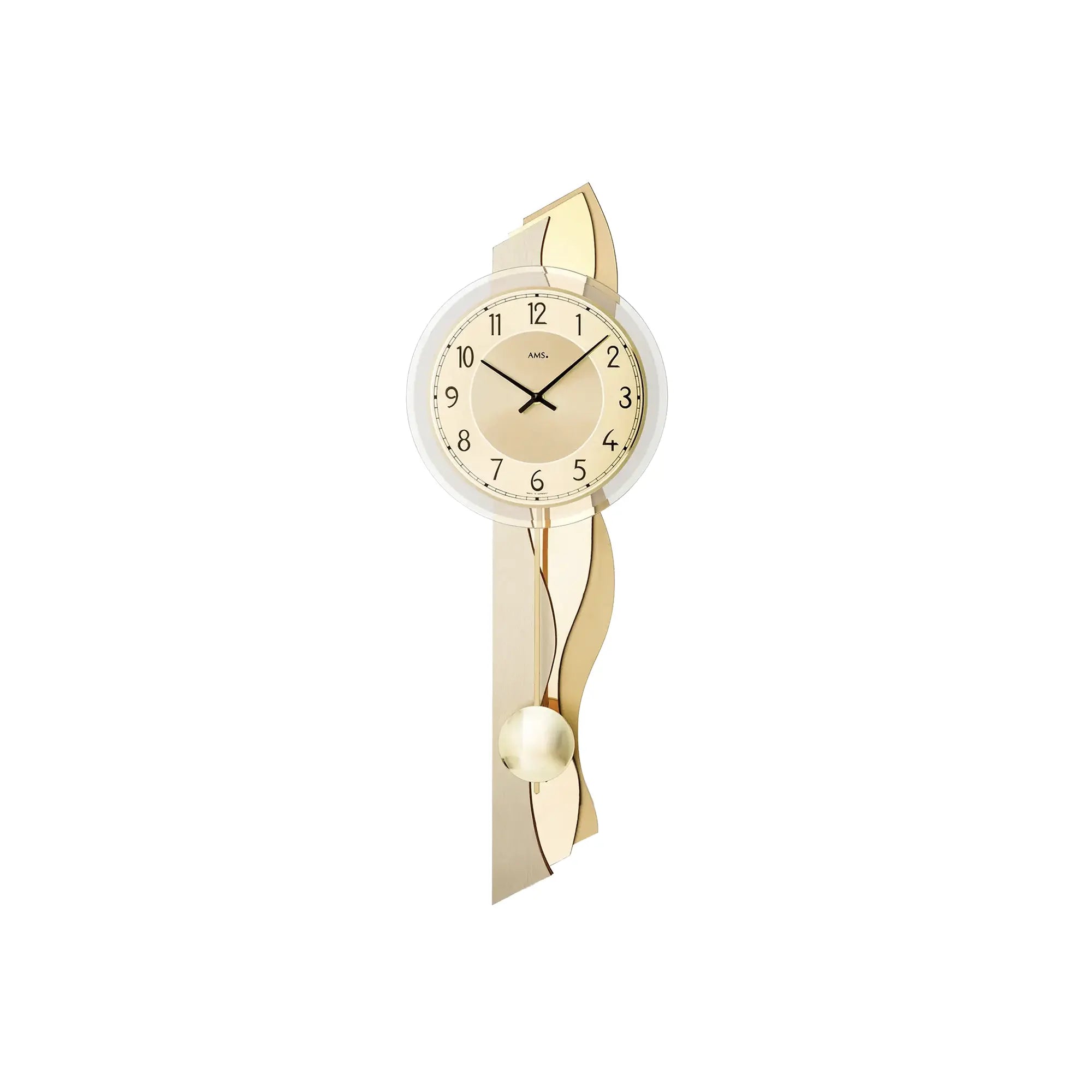 Wanduhr mit rundem Zifferblatt, goldfarbenem Messing/Alu-Rahmen und Pendel