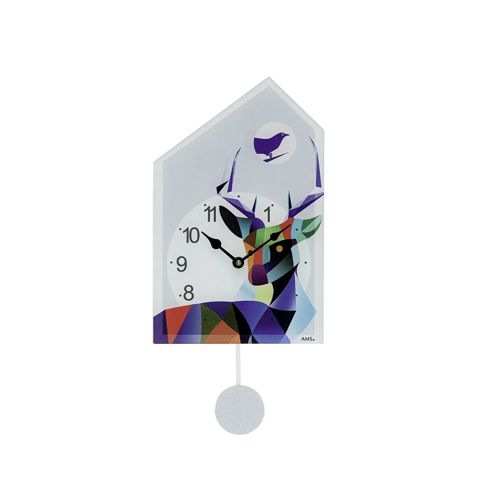 Wanduhr mit Vogel-Motiv, Ziffernblatt und Pendelkugel im Hausformat