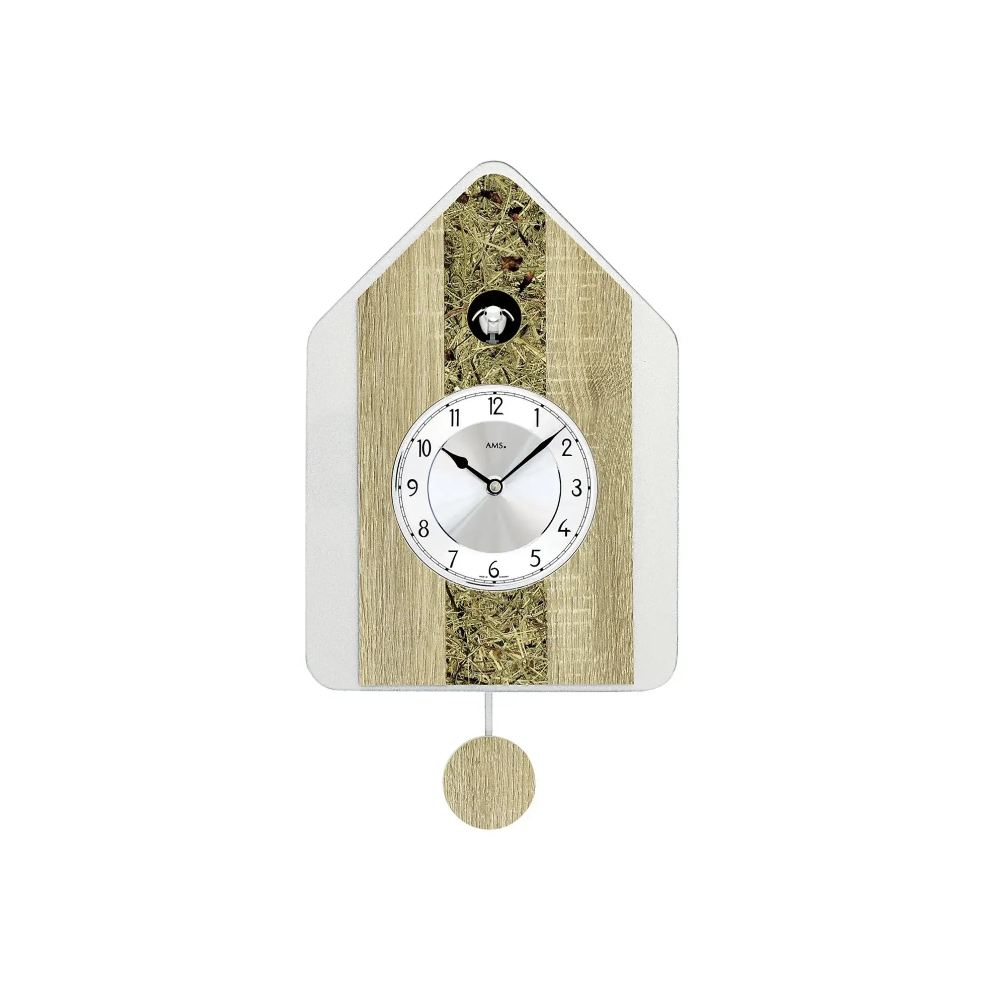 Wanduhr mit rundem Zifferblatt im Holzhaus-Design, beiger Pendelanhänger