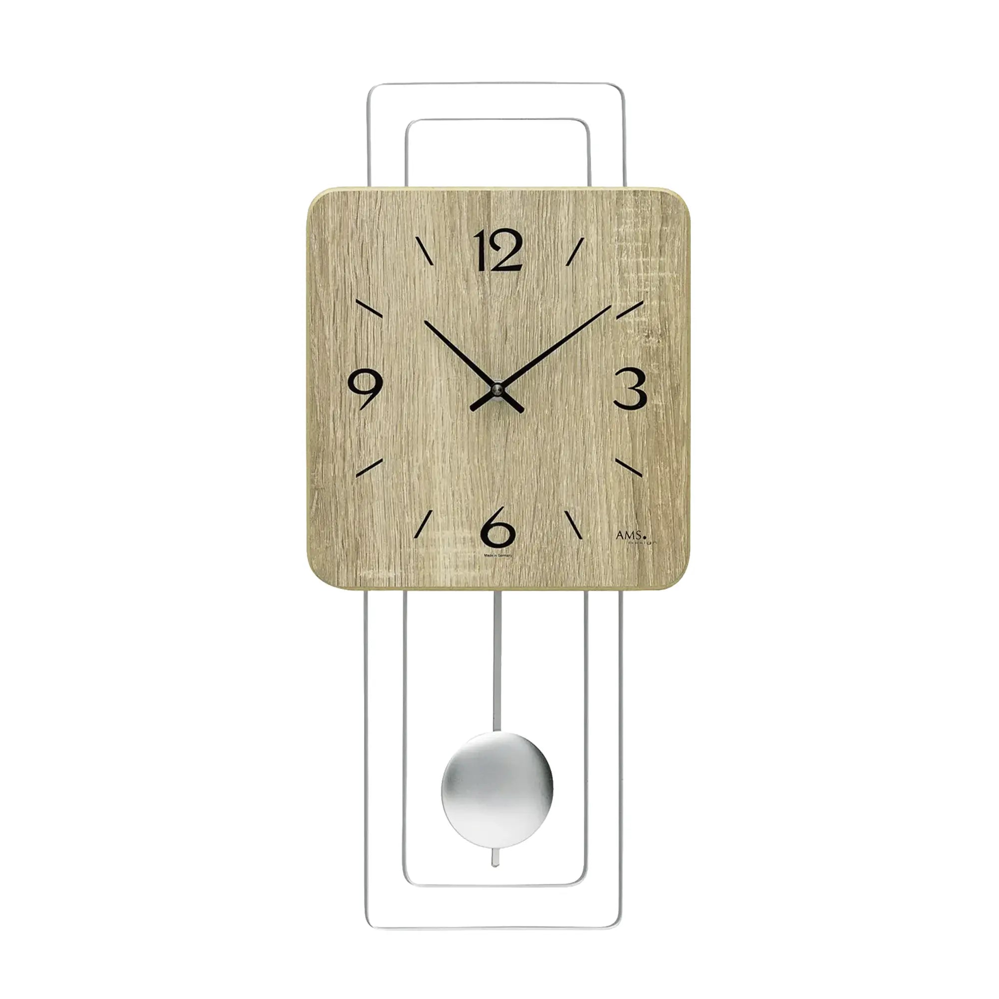 Wanduhr mit Holz-Zifferblatt, rechteckigem Metallrahmen und silbernem Pendel