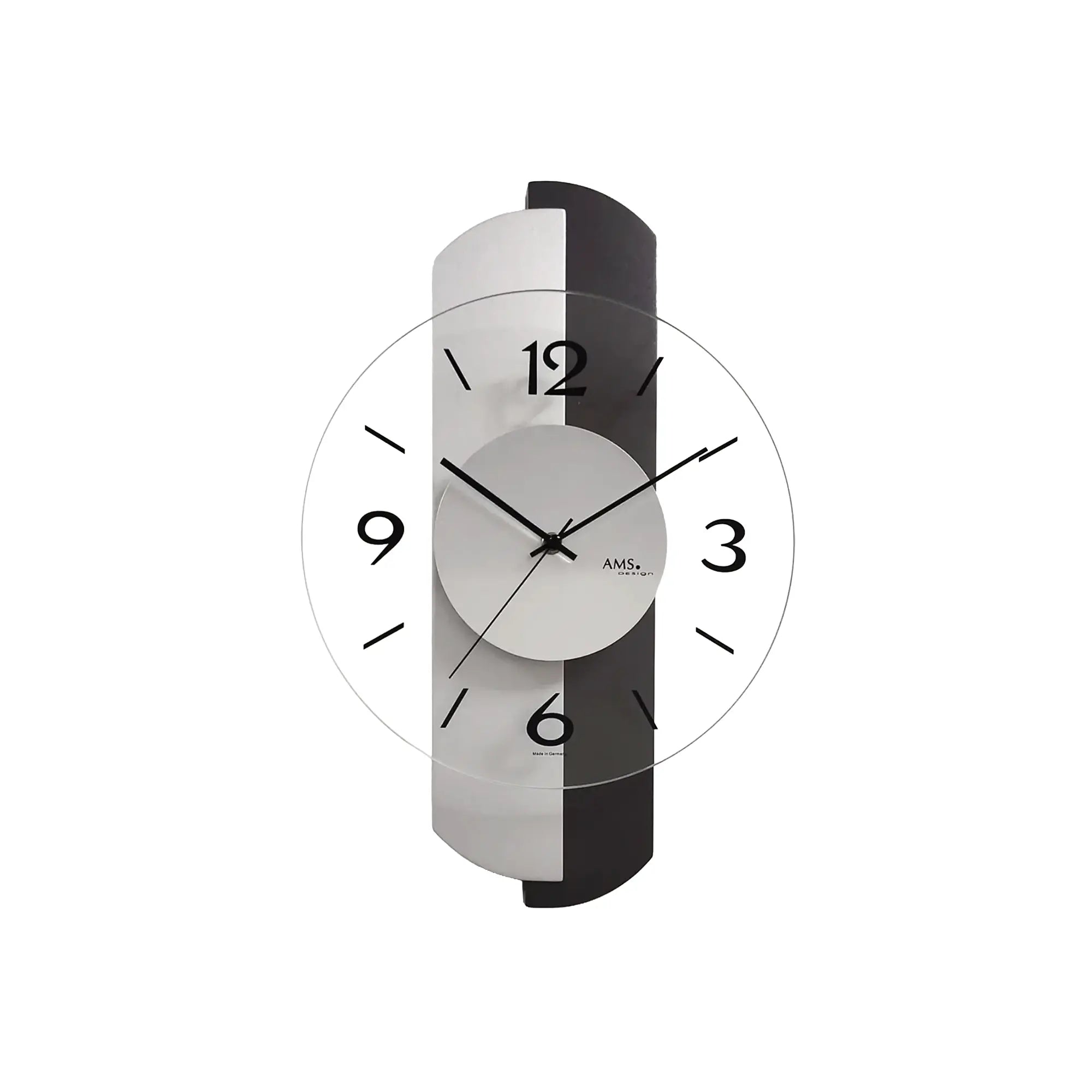 Wanduhr mit anthrazitfarbenem Holzgehäuse, silbernem Zifferblatt und Mineralglas
