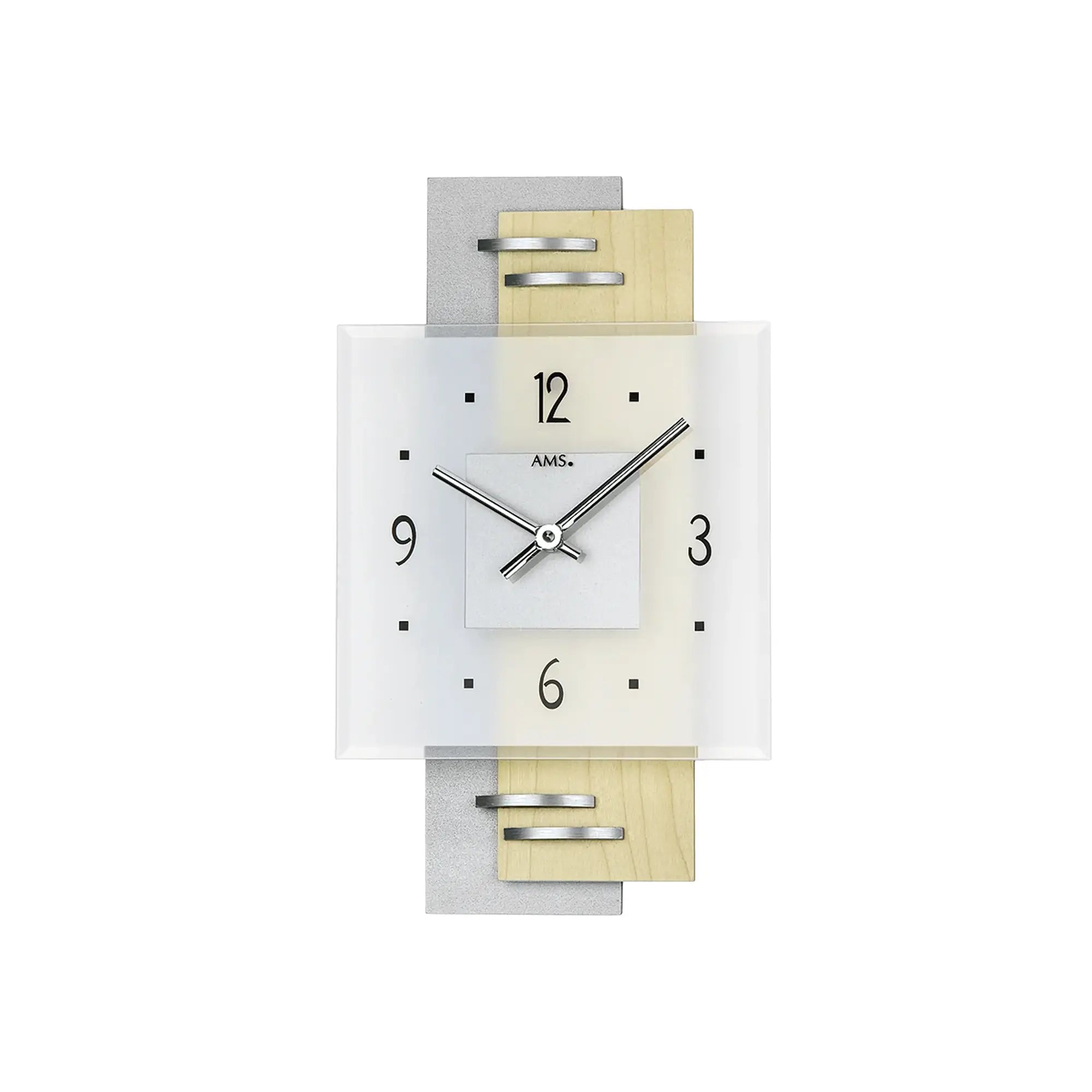 AMS Quarz-Wanduhr mit silbernem Rahmen, weißem Zifferblatt, goldbraunen Einsätzen