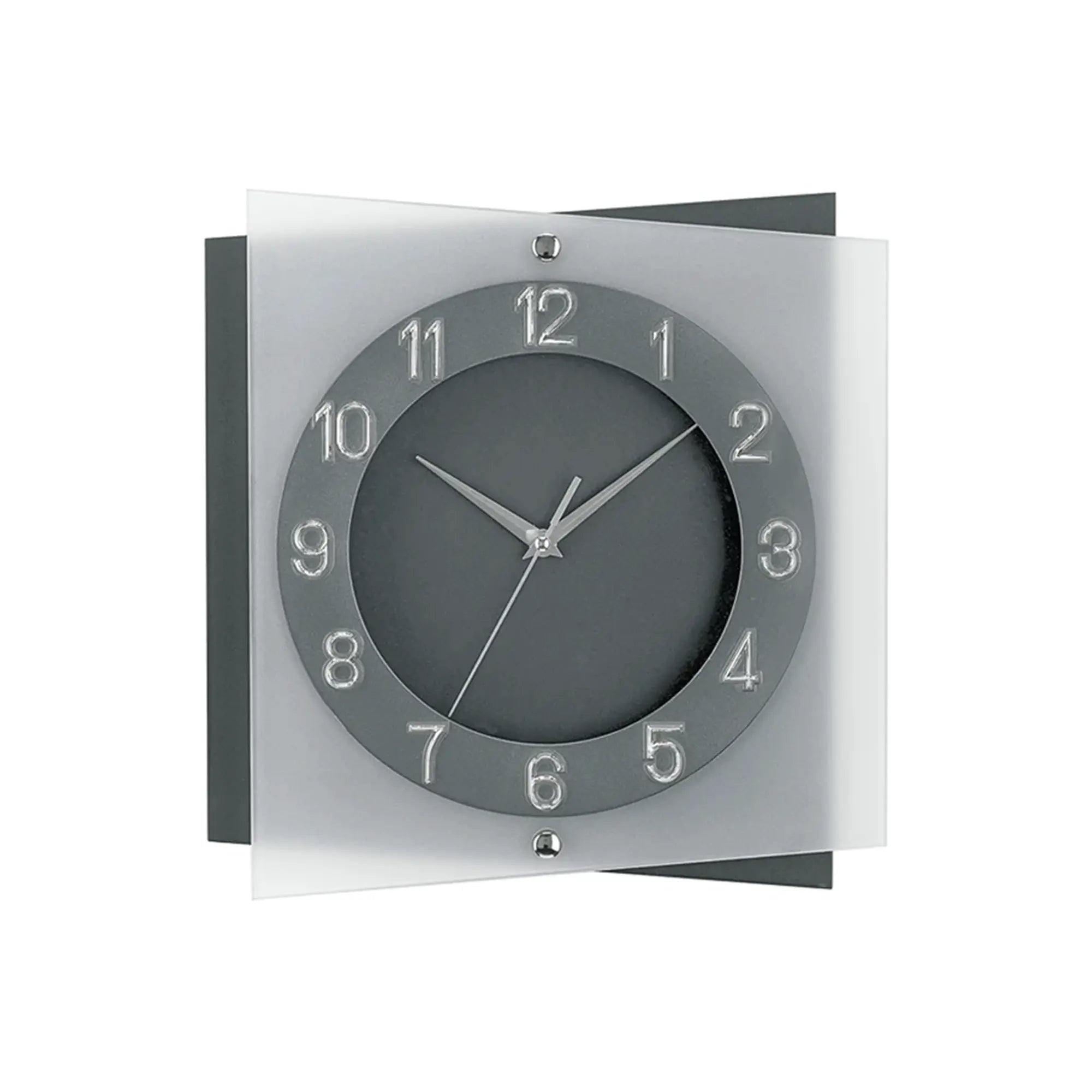 Anthrazitfarbene Wanduhr mit silbernen Ziffern und Zeigern, Mineralglas