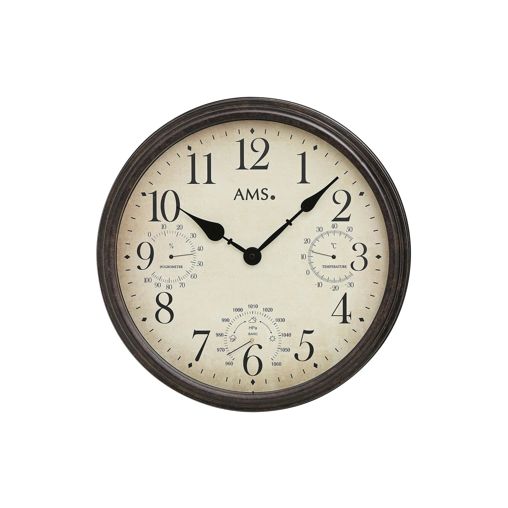 AMS Wanduhr: braunes Metallgehäuse, beiges Zifferblatt mit Temperatur-Feuchte-Druck-Anzeigen