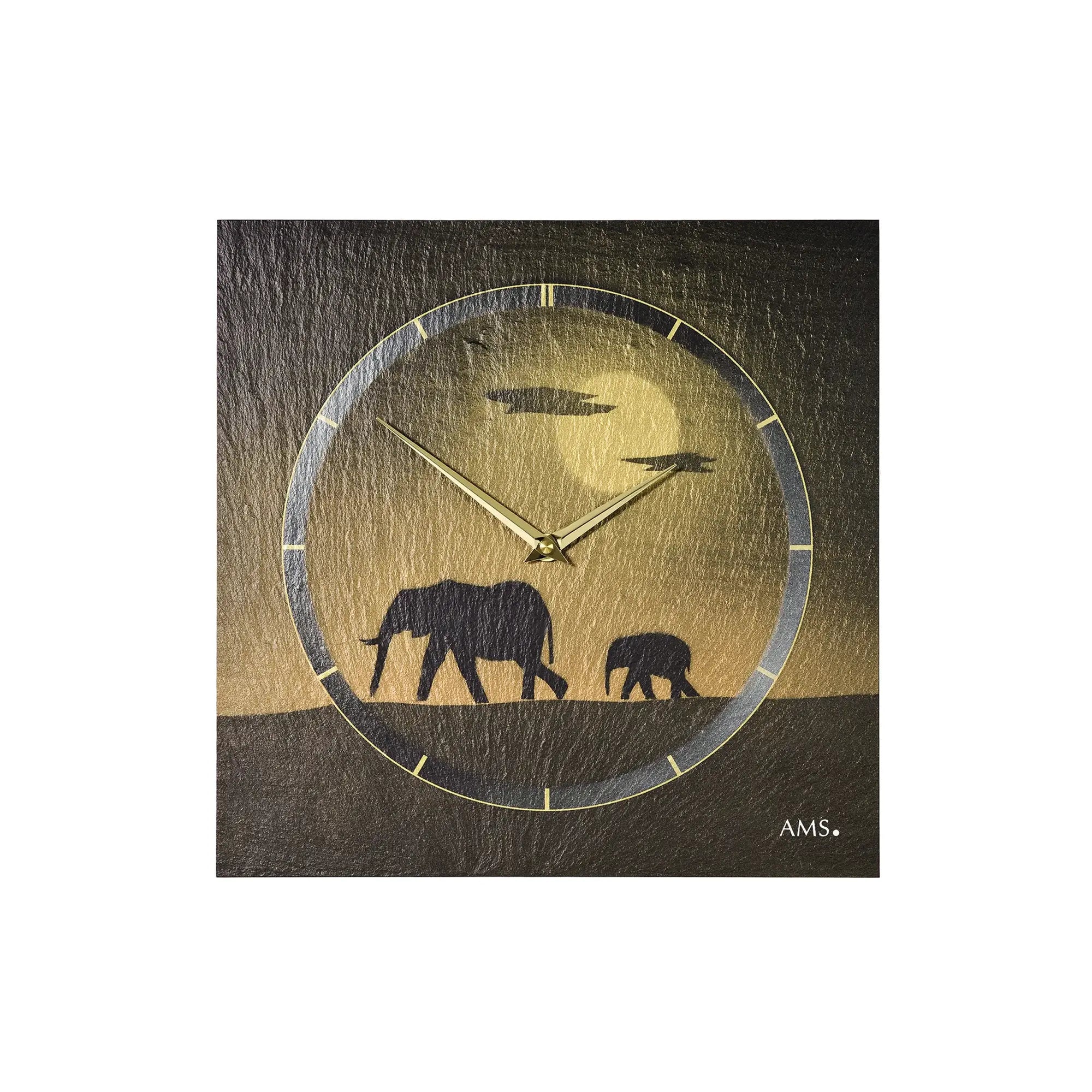 AMS Wanduhr aus Naturschiefer, rundes Zifferblatt mit Elefanten-Airbrush und Zeigern