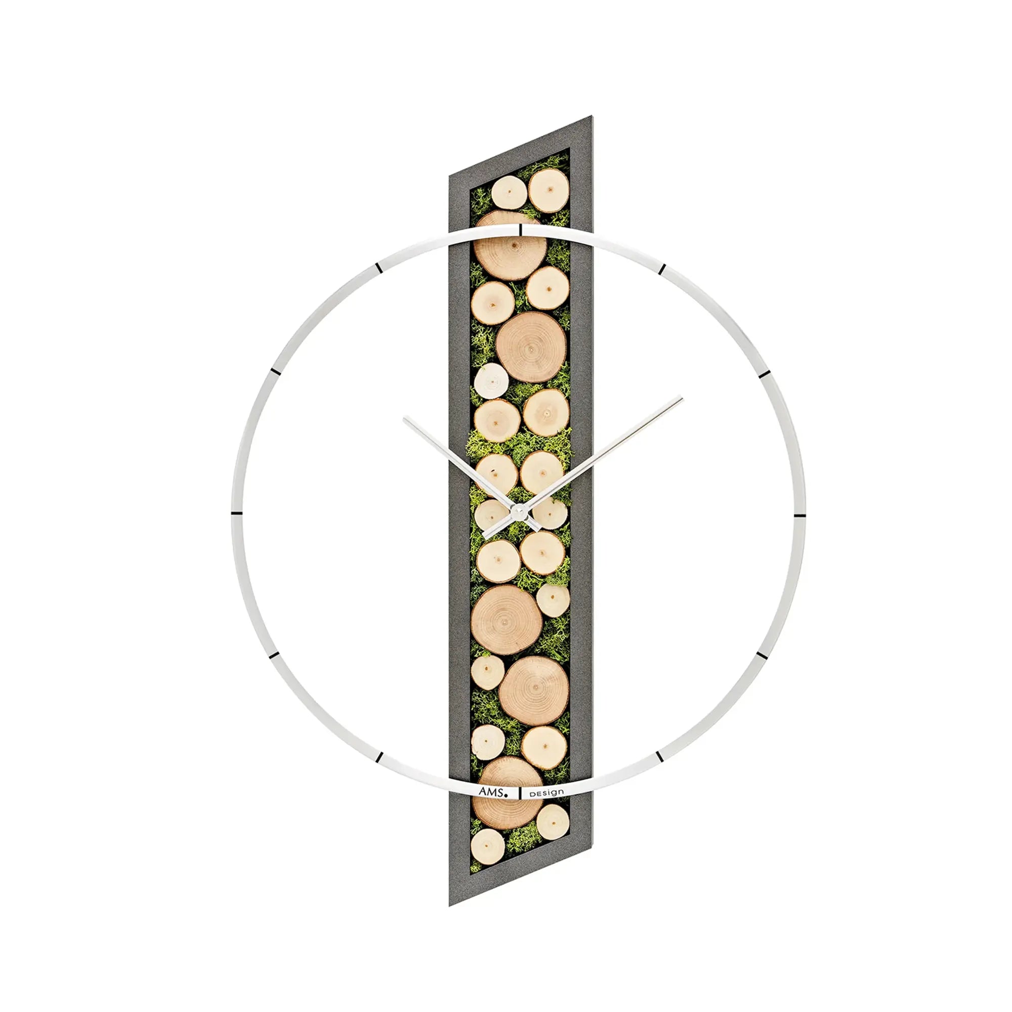 Wall clock with moss wall and wooden discs in a frame, white aluminum ring, hands