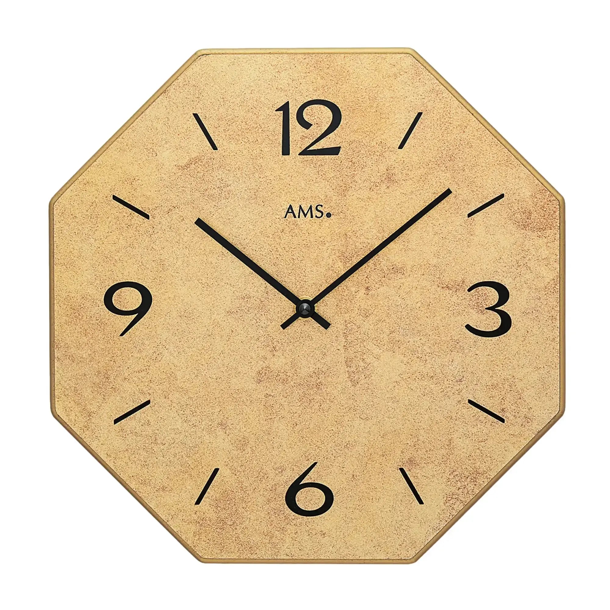 Wall clock with wooden case and beige, printed dial, black hands and numbers.