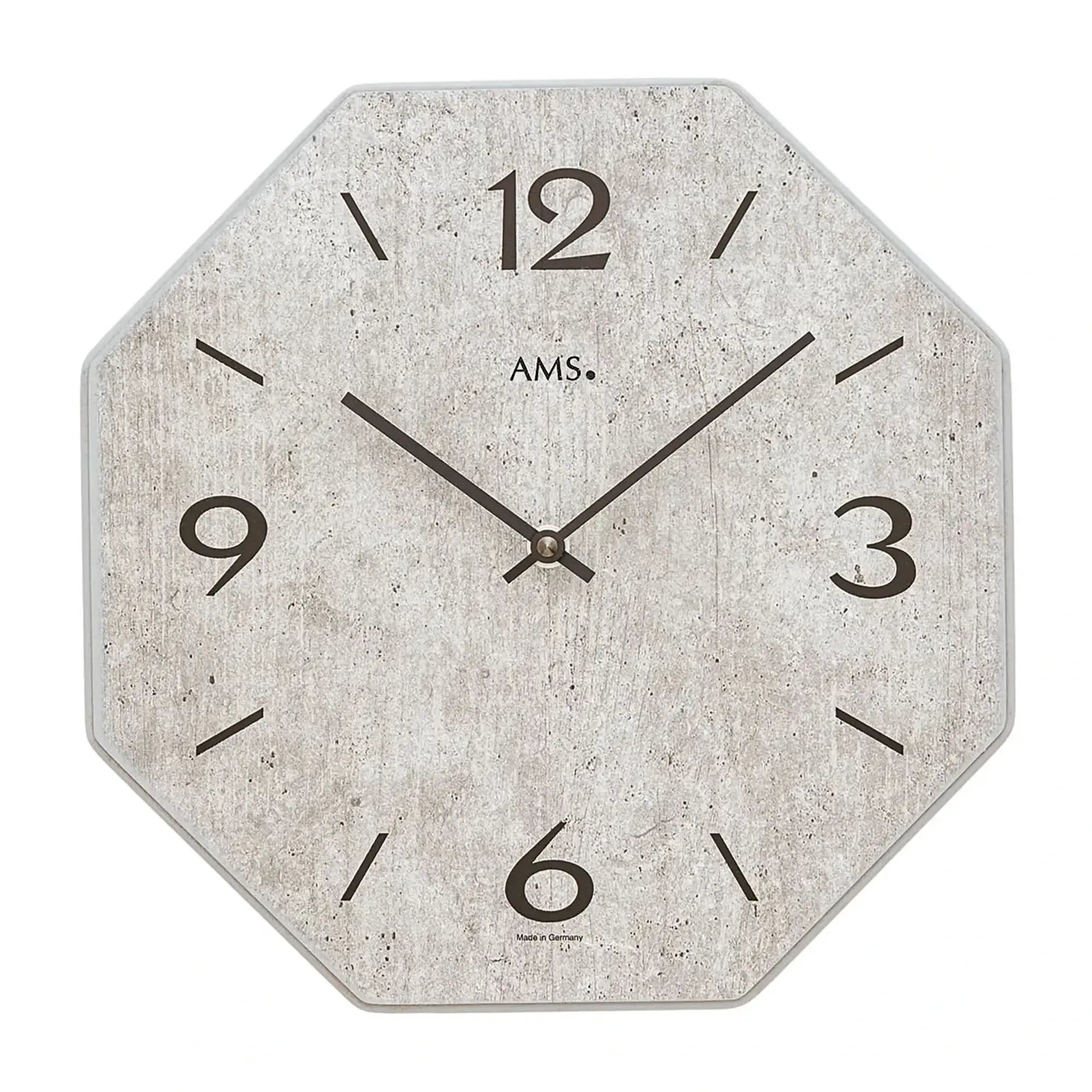 Wall clock with gray dial, numbers 1–12, hands, and AMS logo