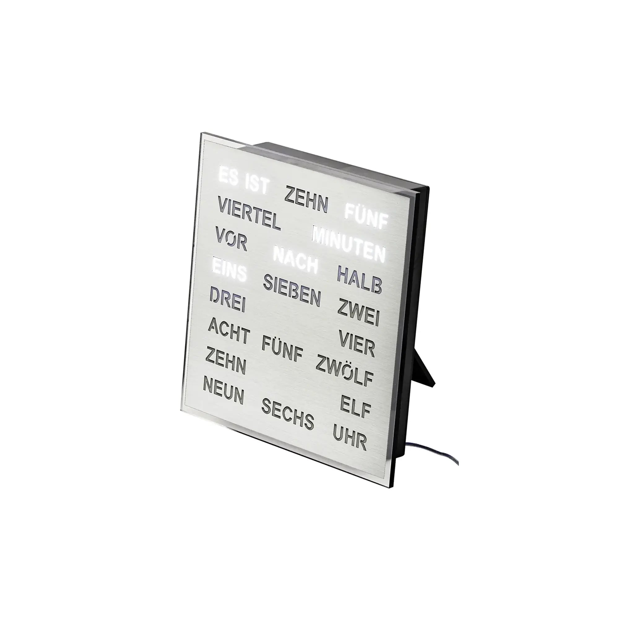 LED-Wortuhr mit schwenkbarem Standfuß, Kabelanschluss und beleuchtetem Wortfeld