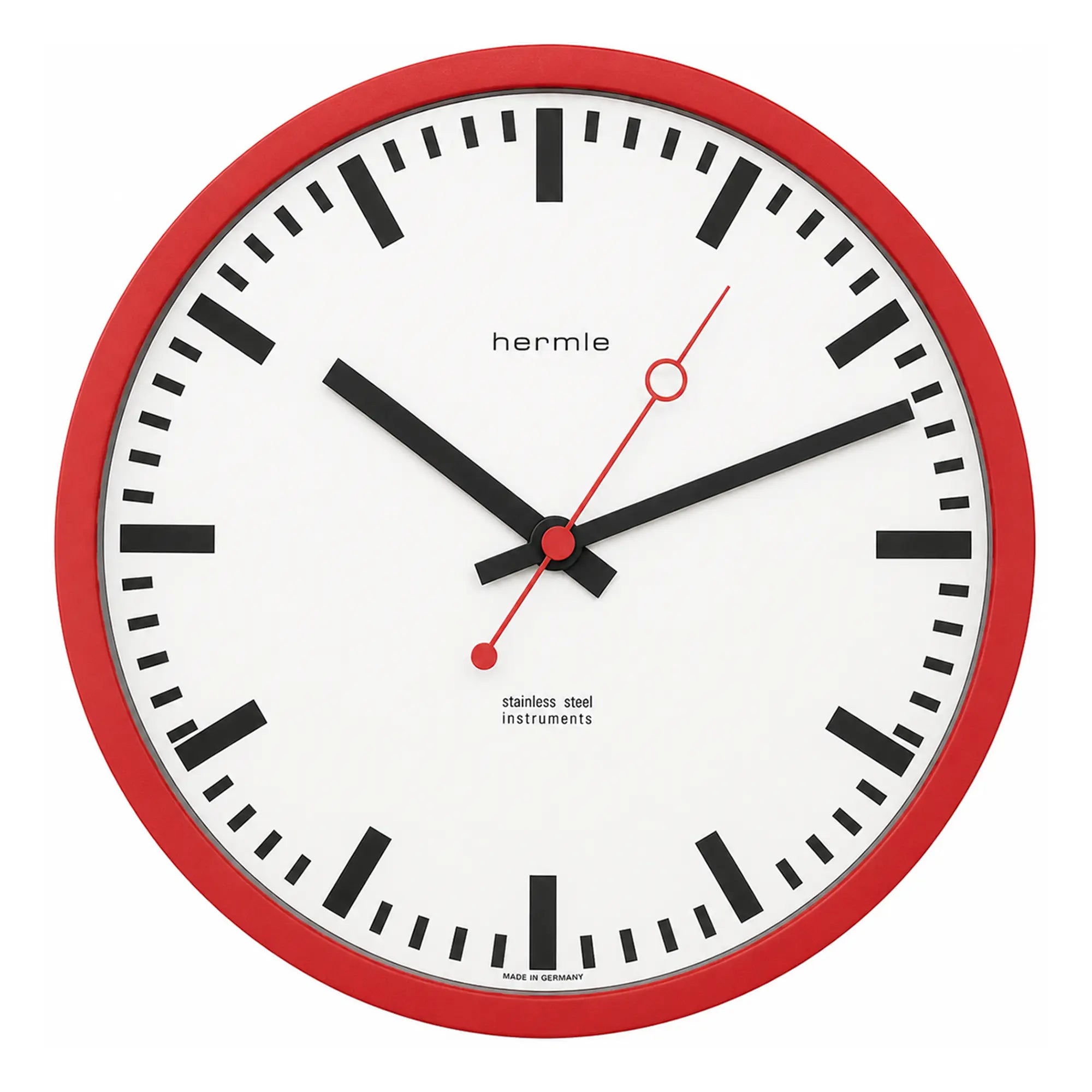 Wanduhr mit rotem Rand, weißem Zifferblatt und schwarzen Zeigern, rote Sekundenakzente