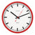 Wanduhr mit rotem Rand, weißem Zifferblatt und schwarzen Zeigern, rote Sekundenakzente