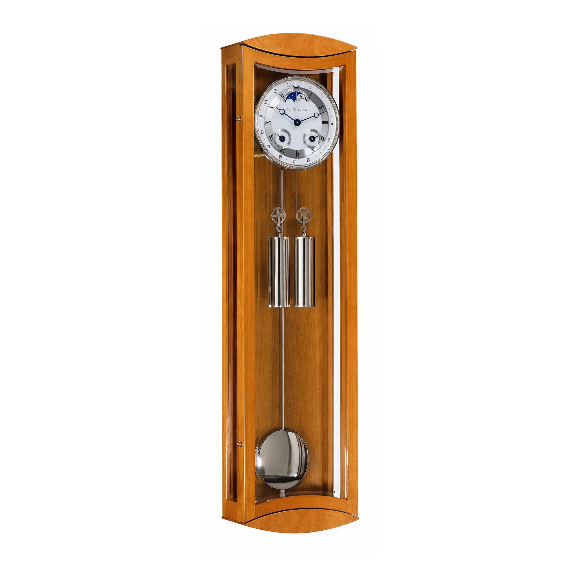 Wooden wall clock with round dial and metal pendulum, brown casing with glass window