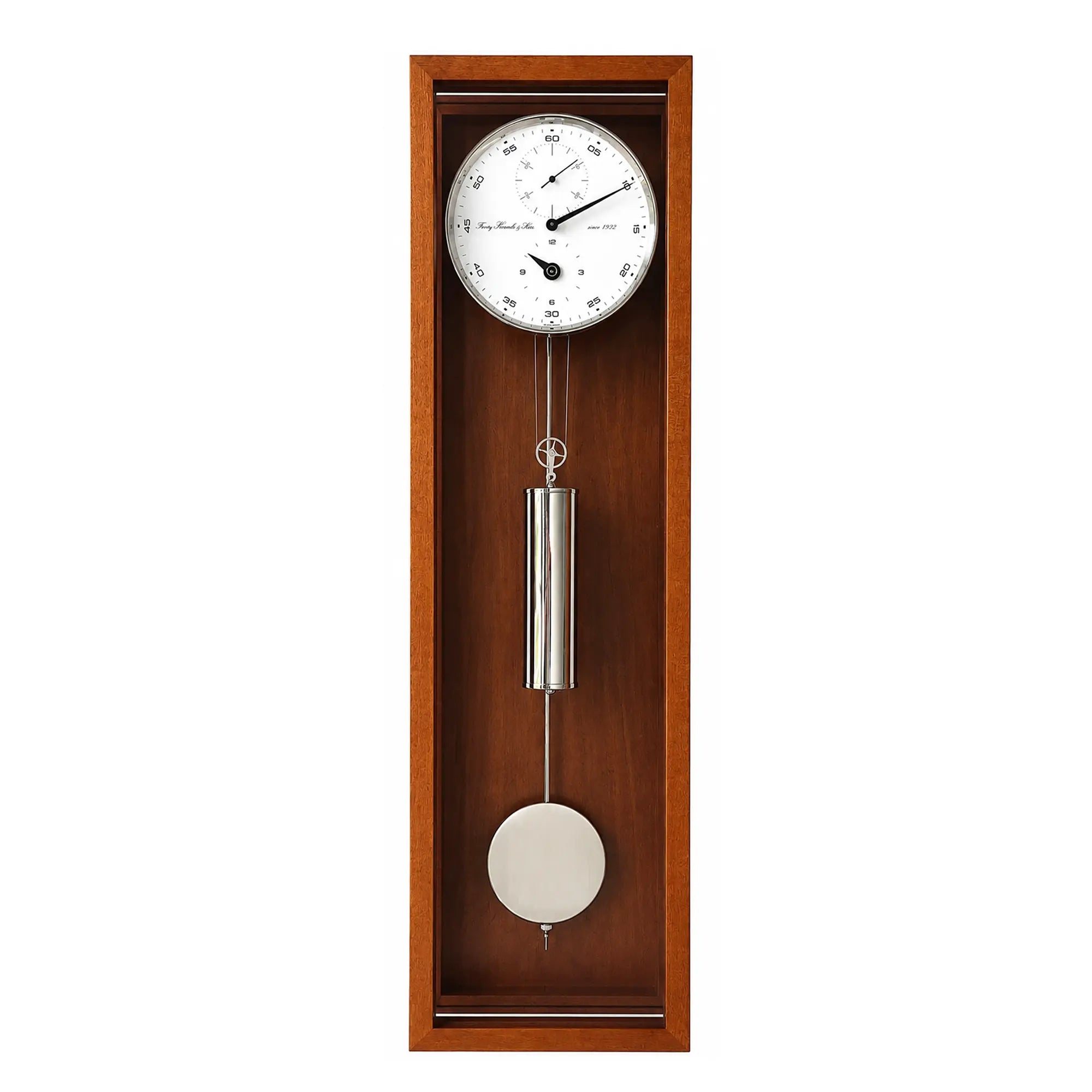 Wooden wall clock with round dial, metal pendulum, and white pendulum disc.