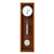 Wooden wall clock with round dial, metal pendulum, and white pendulum disc.