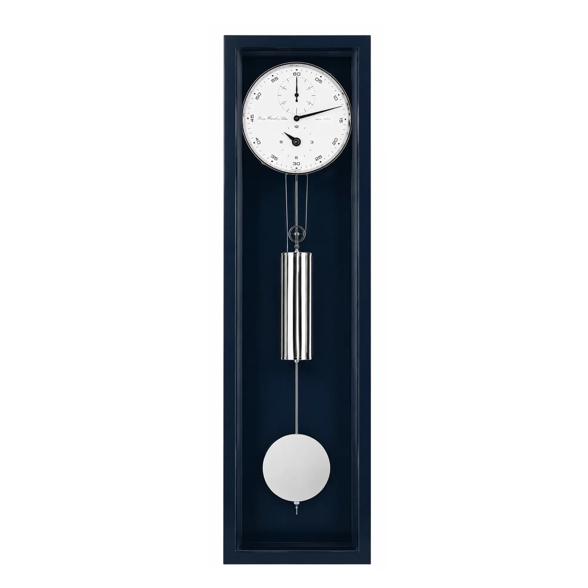 Wall clock with round dial in dark frame, swinging pendulum rod and round weight