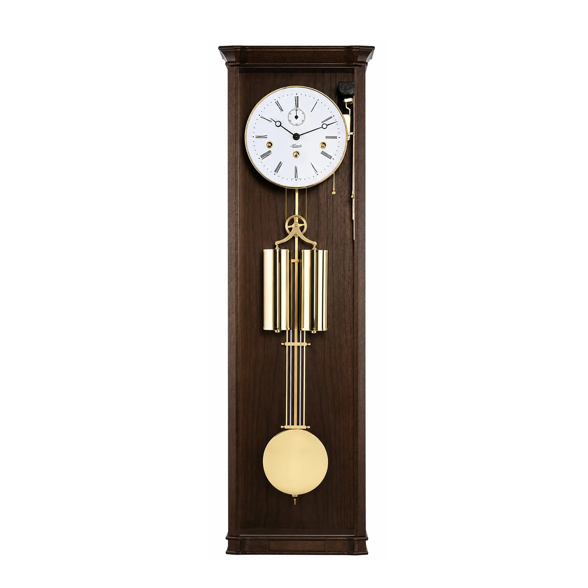 Walnut-colored wall clock with round dial and brass pendulum