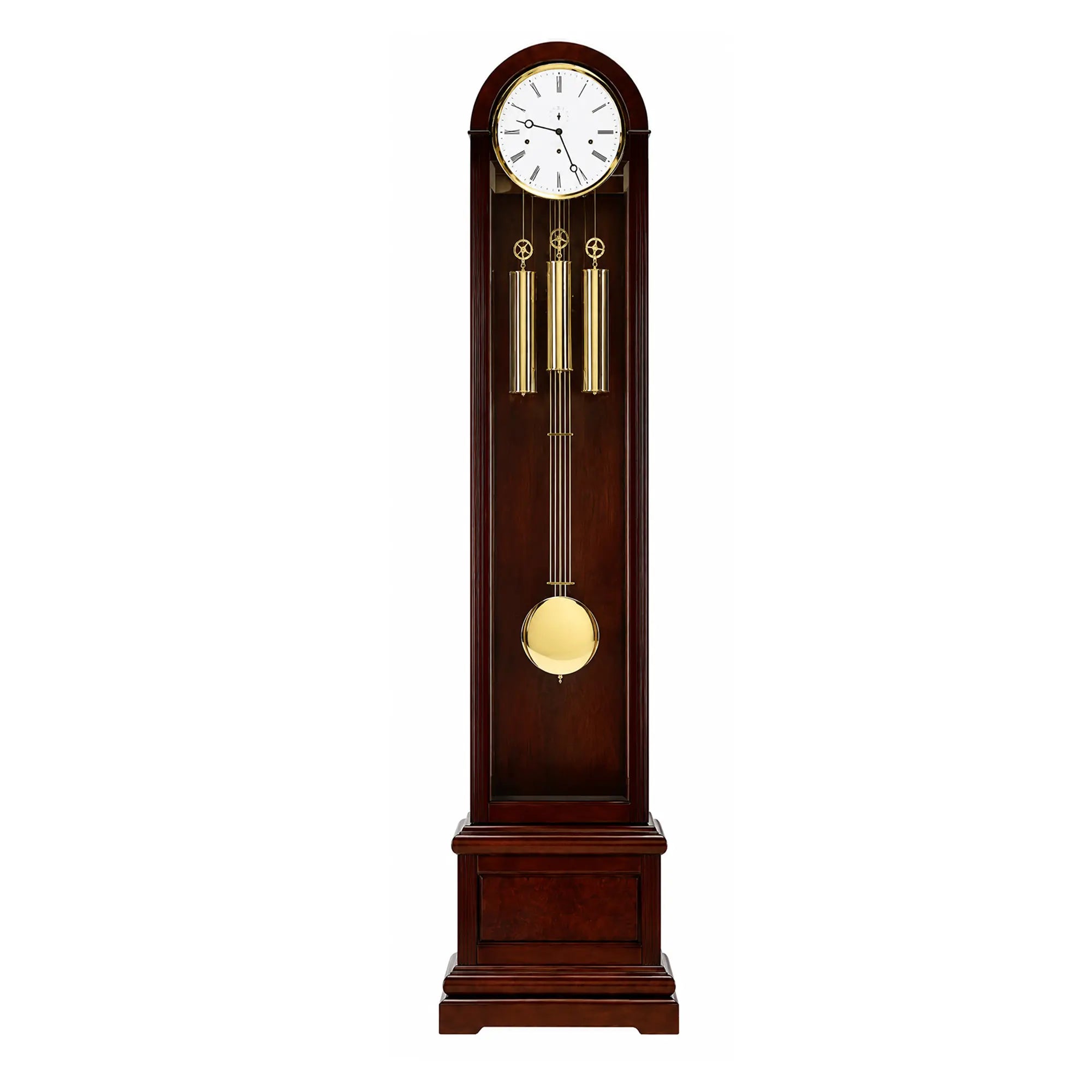 Grandfather clock with round wooden case, white dial, and gold-colored chime rods