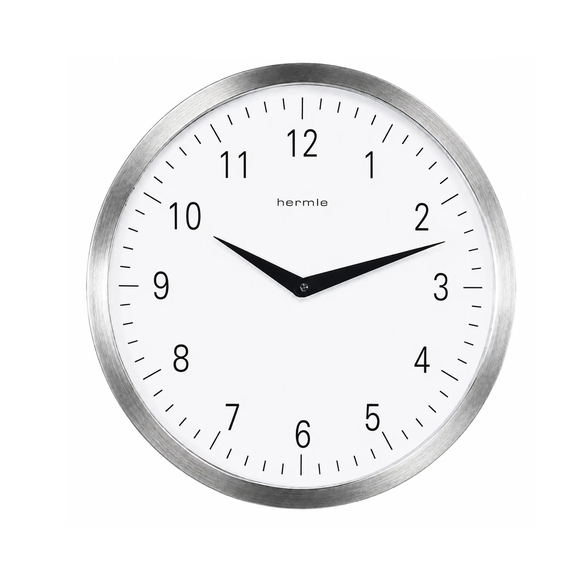 Round wall clock, silver metal rim, white dial with black hands and numerals