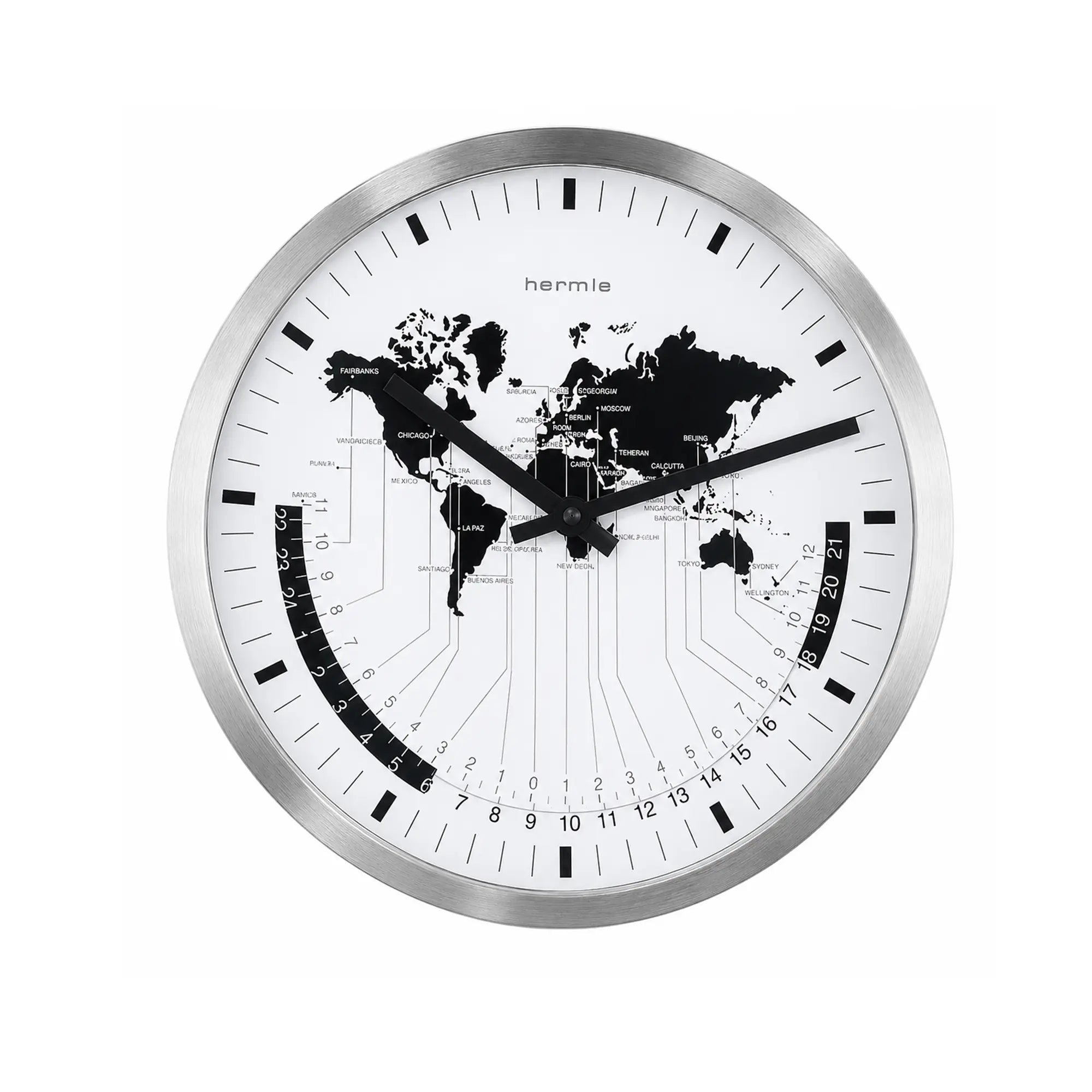 Round wall clock: silver metal frame, white dial, black world map