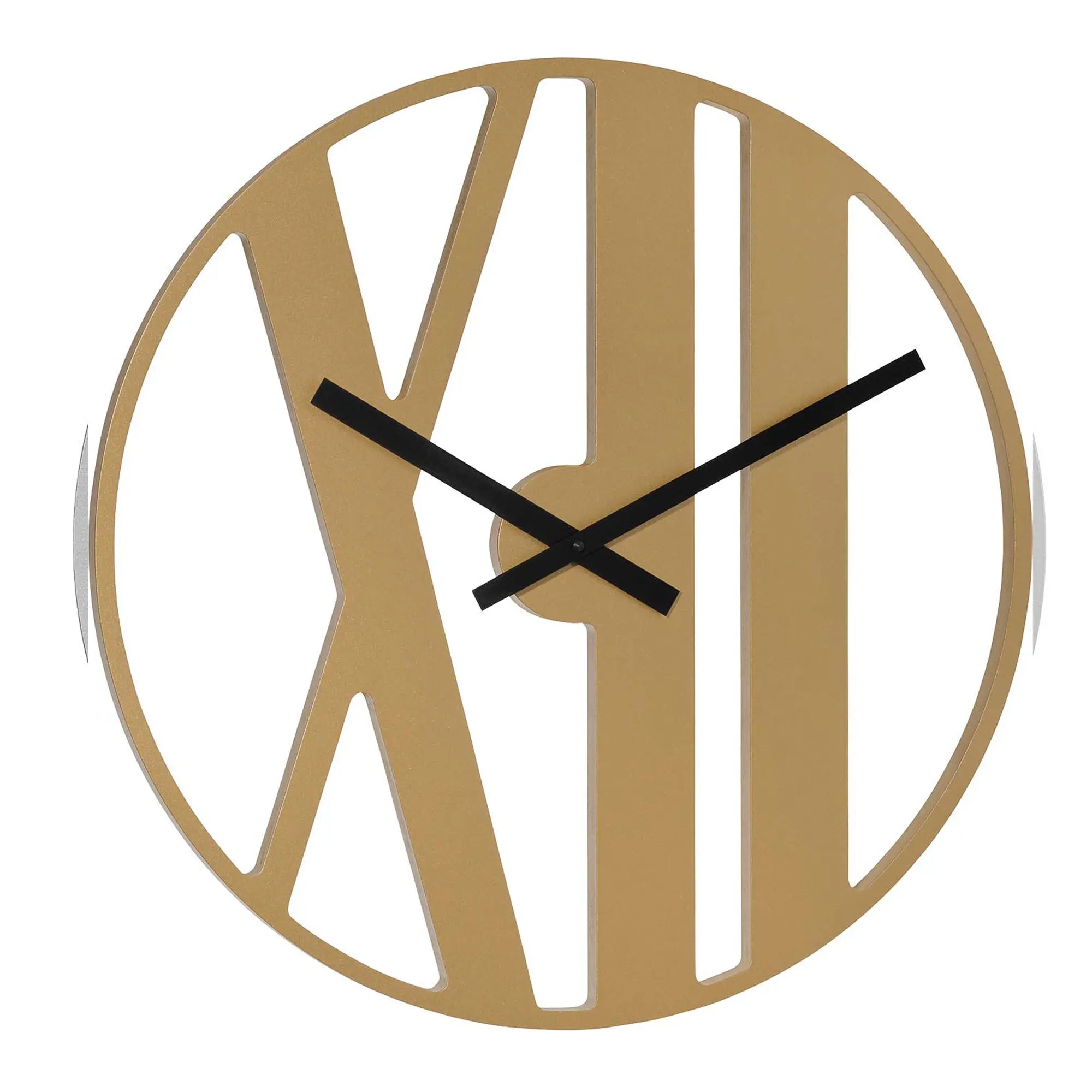 Round wooden wall clock, gold-colored dial ring with slotted line markers, black hands