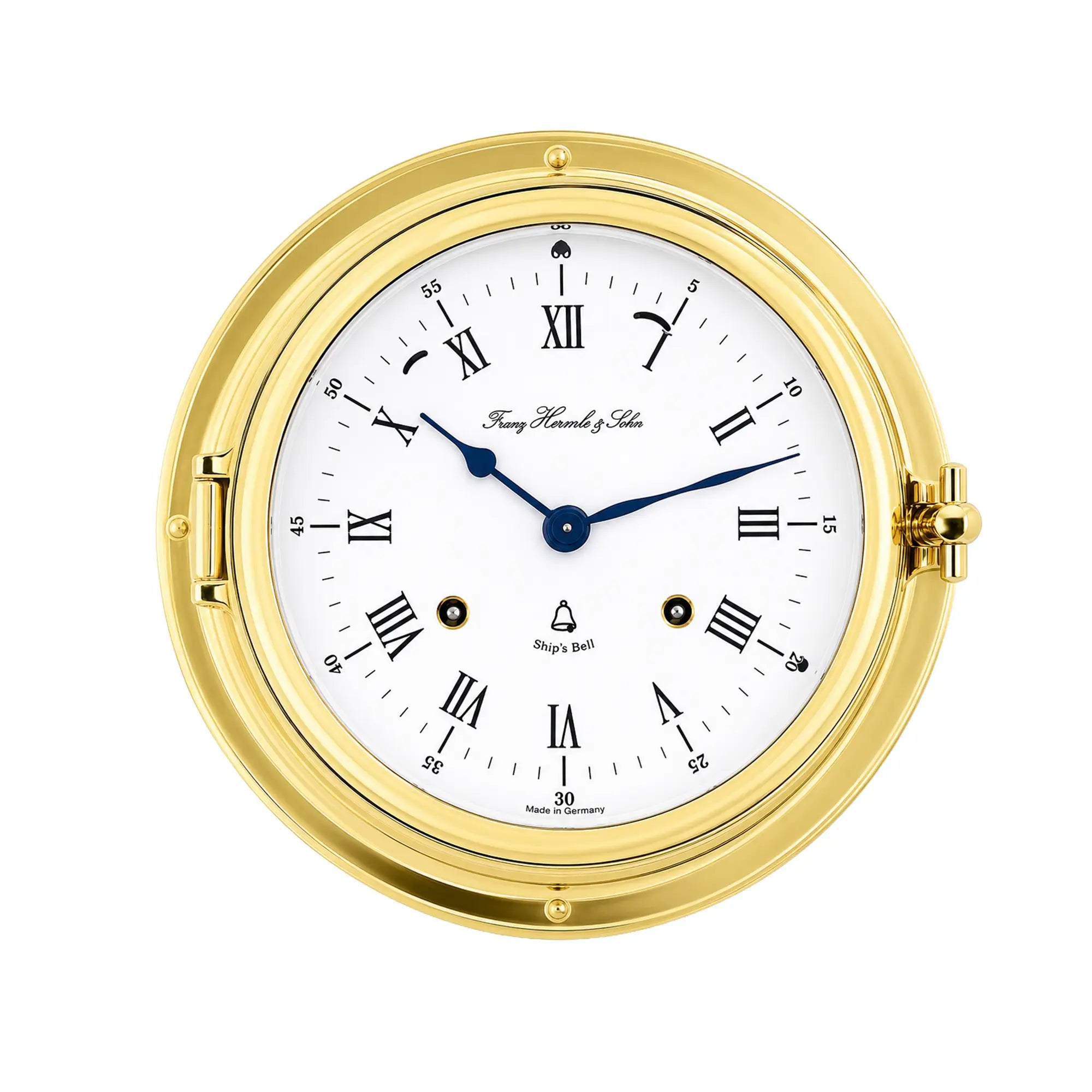 Runde Wanduhr mit Messingrahmen, weißem Zifferblatt und blauen Zeigern, römische Ziffern.