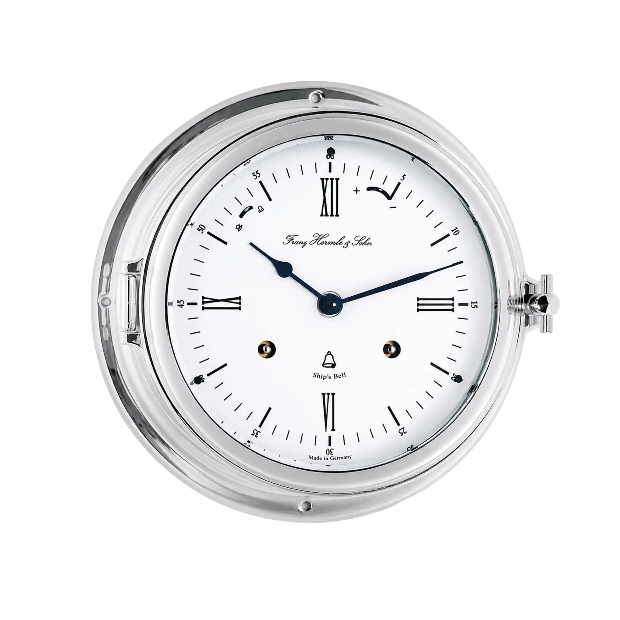 Round analog table clock with white dial, Roman numerals, blue hands