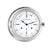 Round analog table clock with white dial, Roman numerals, blue hands