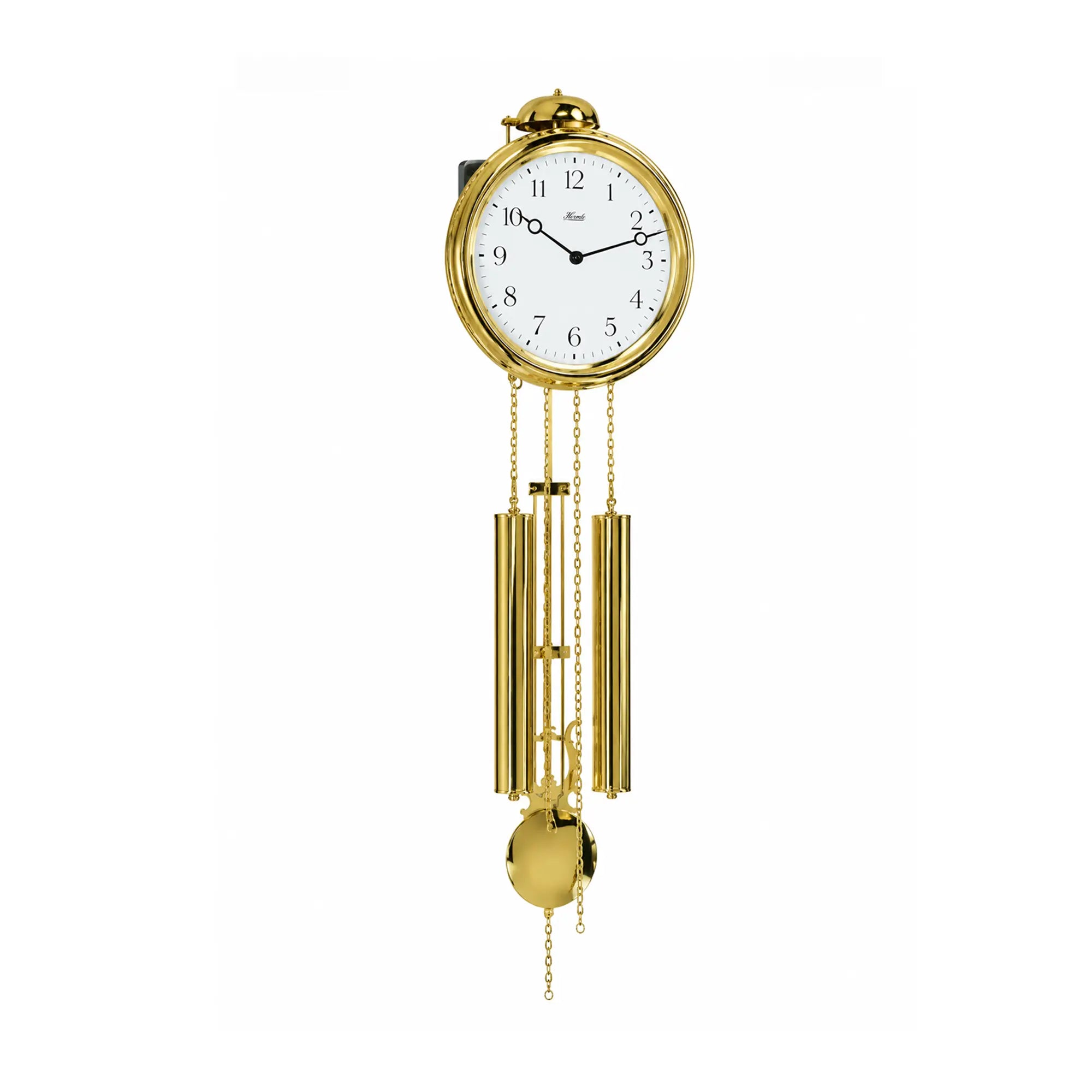 Gold-tone wall clock with round dial and chain bell