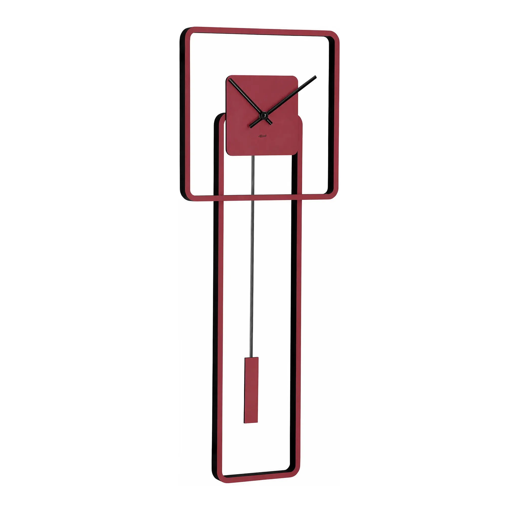 Red wall clock with black dial and black hands