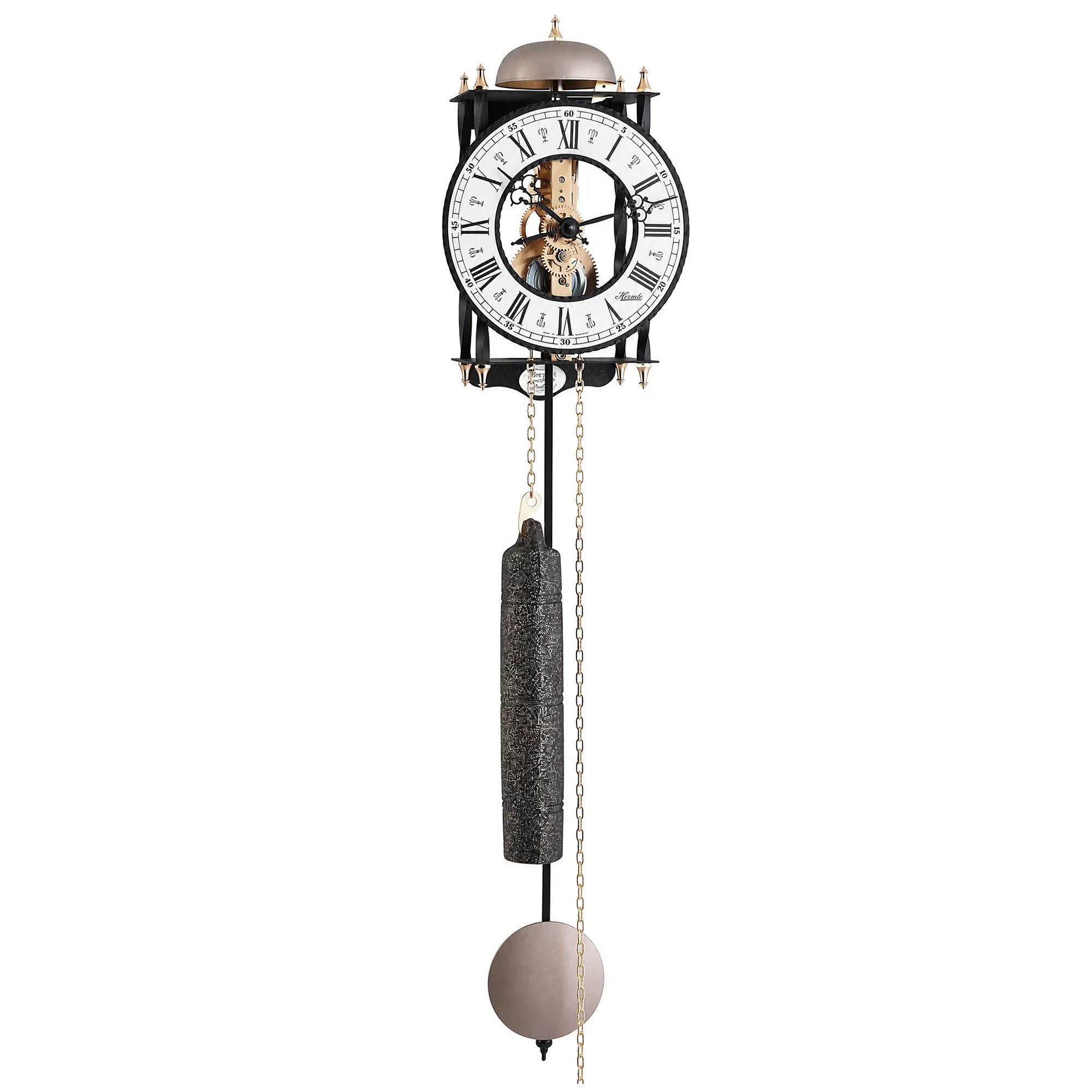 Metal wall clock with open dial and hanging pendulum with chain weights