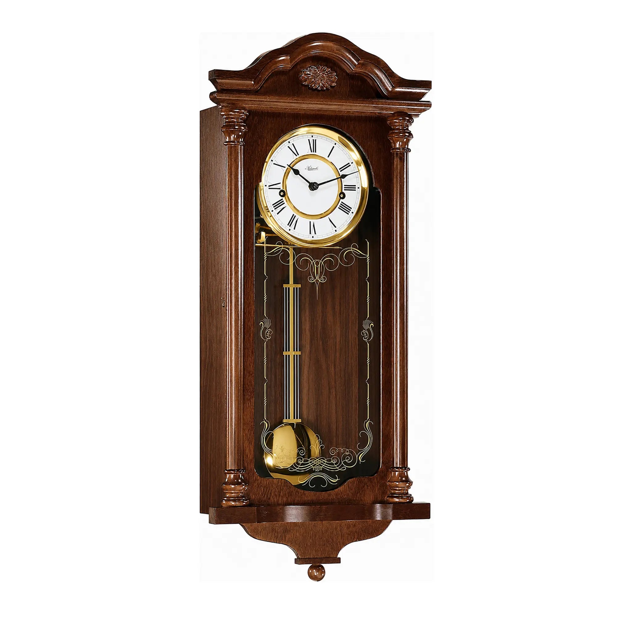 Dark wood wall clock with white dial and delicate pendulum ornaments