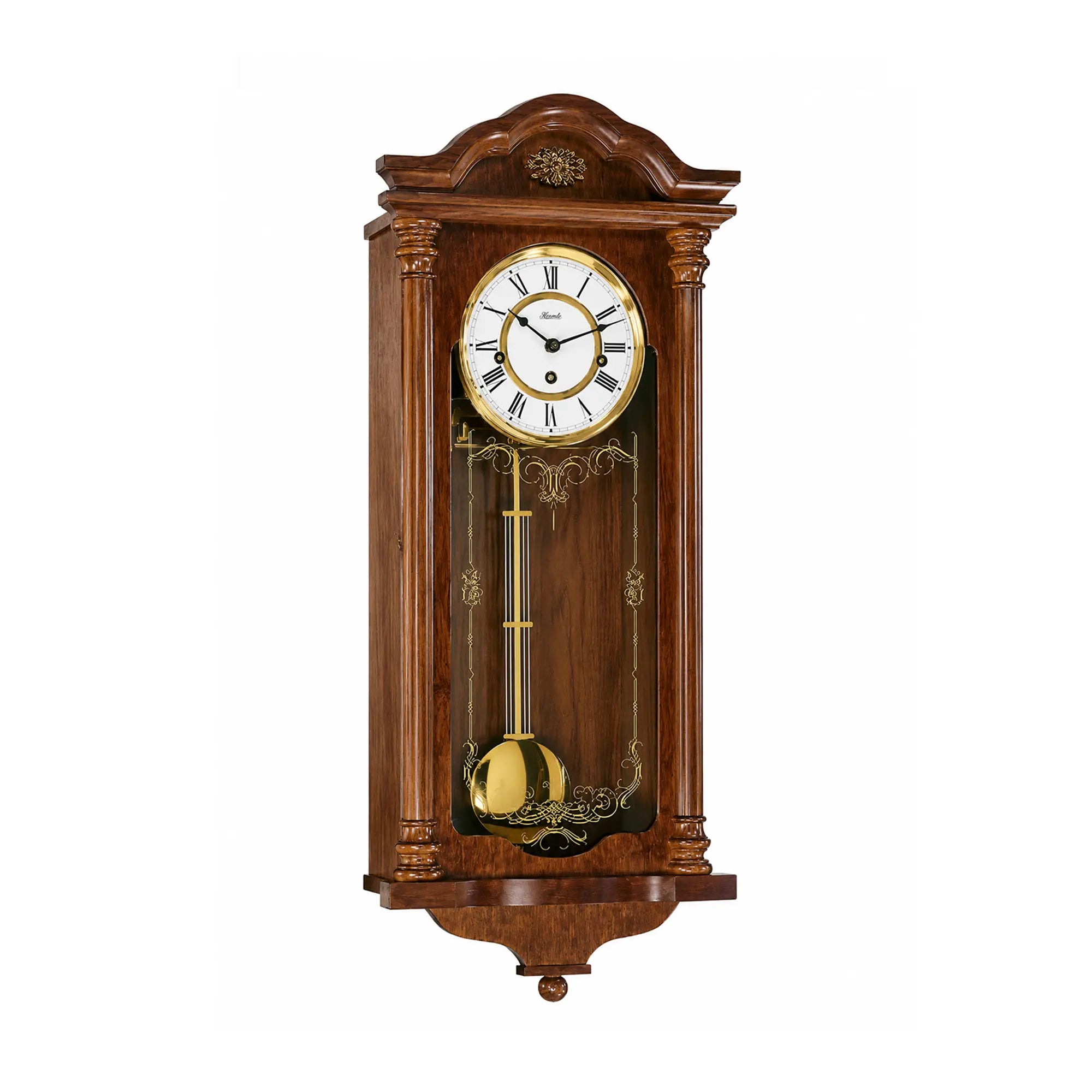 Wooden wall clock with glass dial and pendulum, gold-colored decorative elements.