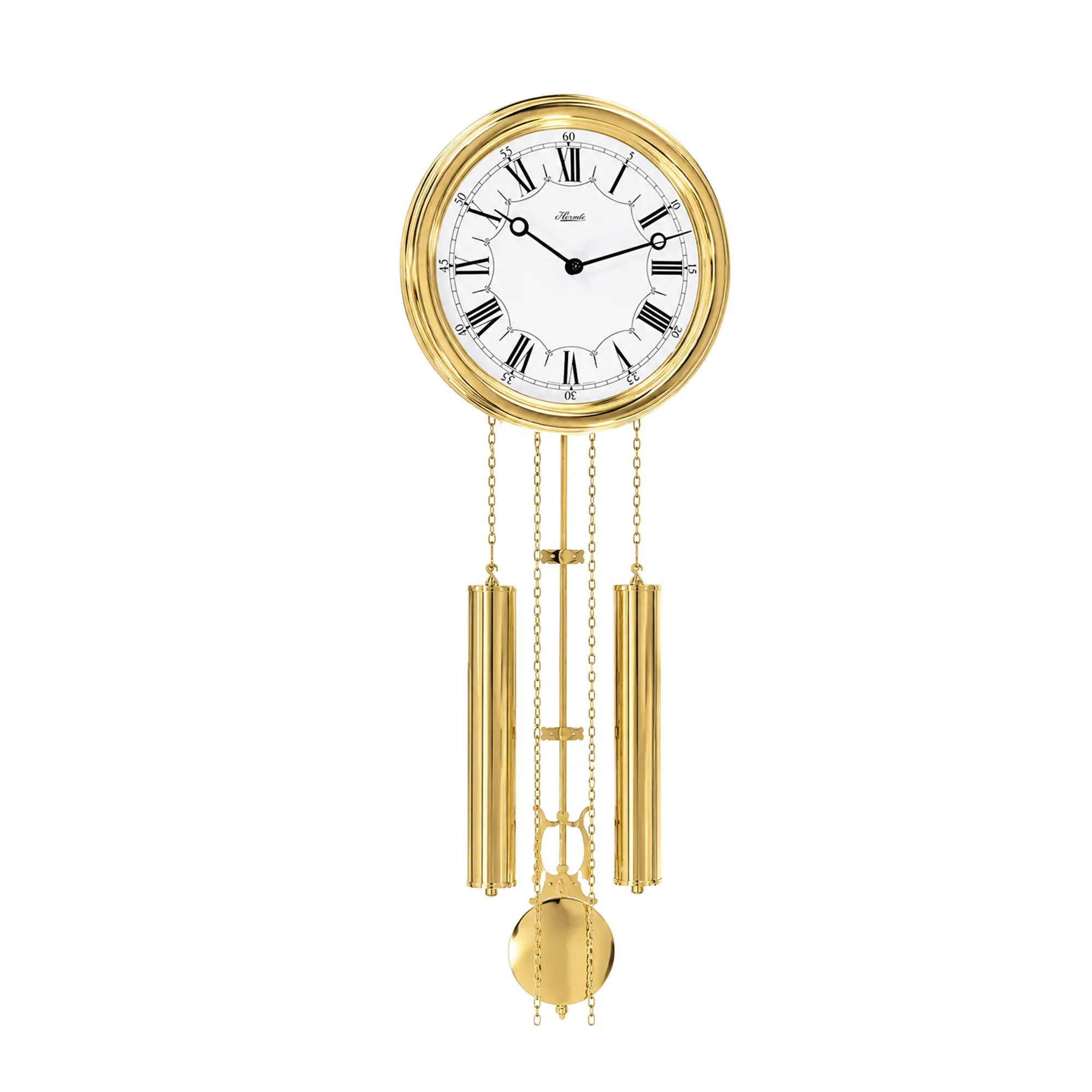 Wall clock with round dial and gold chain pendulum, Roman numerals