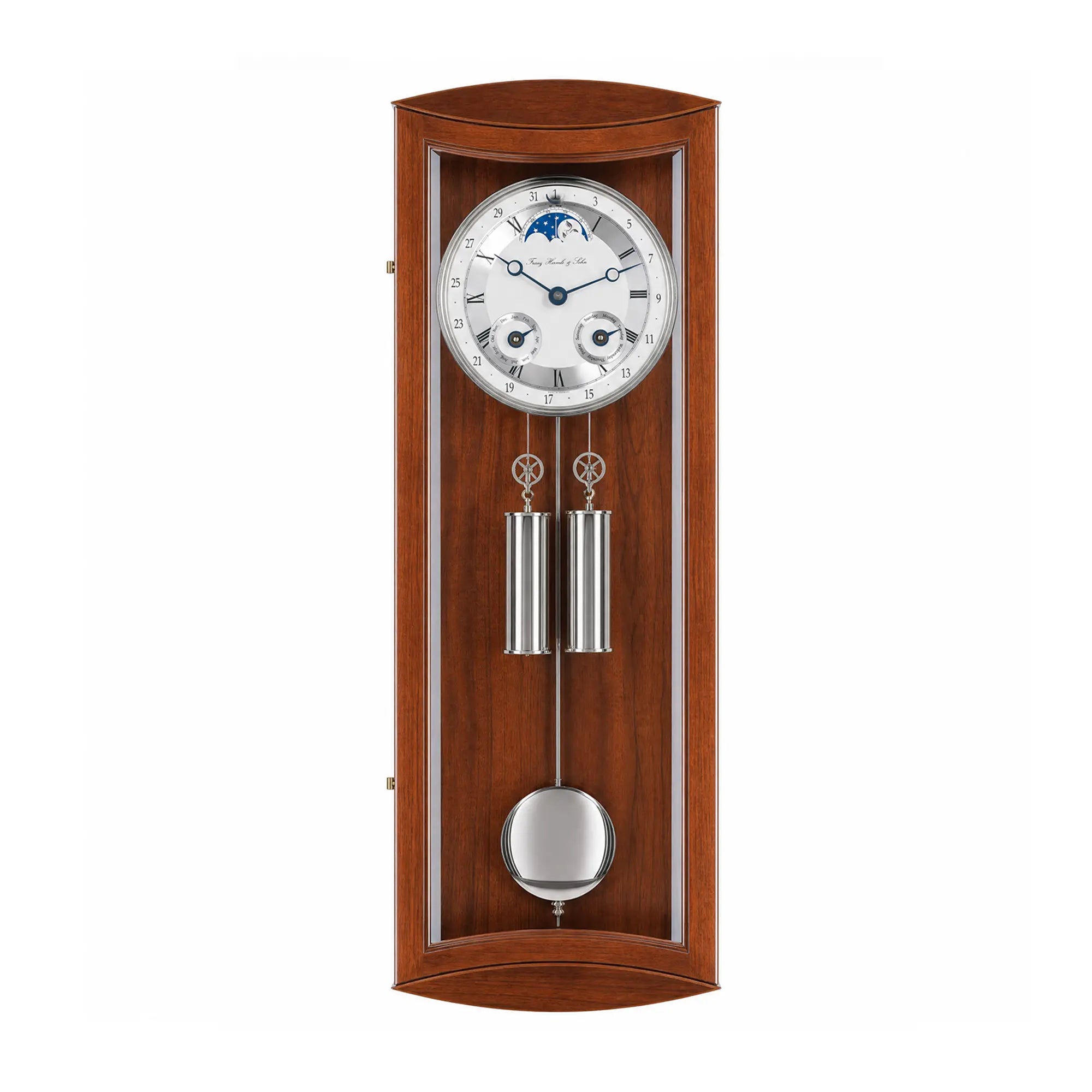 Wooden wall clock with round dial and pendulum in glass frame, brown casing