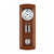 Wooden wall clock with round dial and pendulum in glass frame, brown casing
