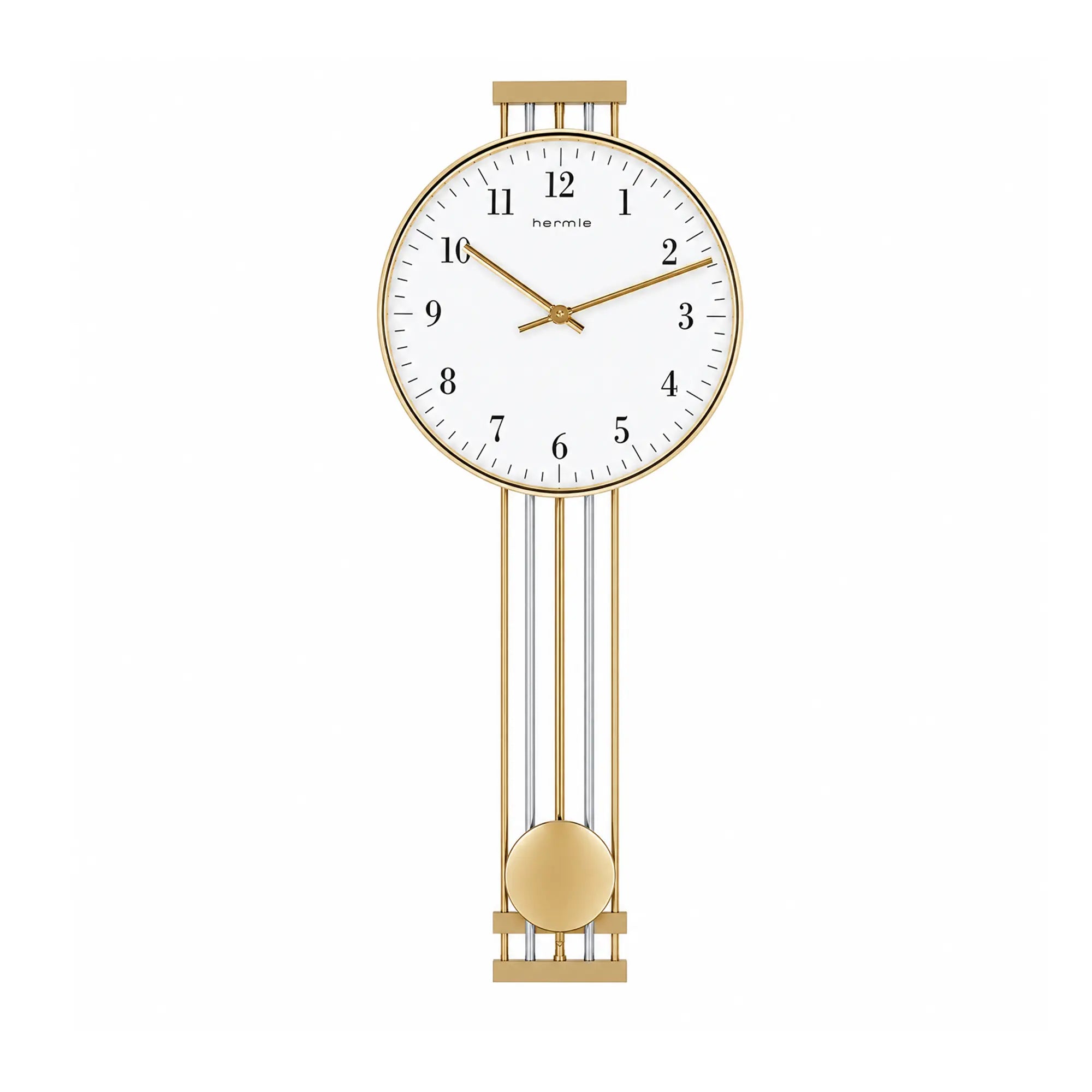 Wall clock with white dial, gold hands, and pendulum frame