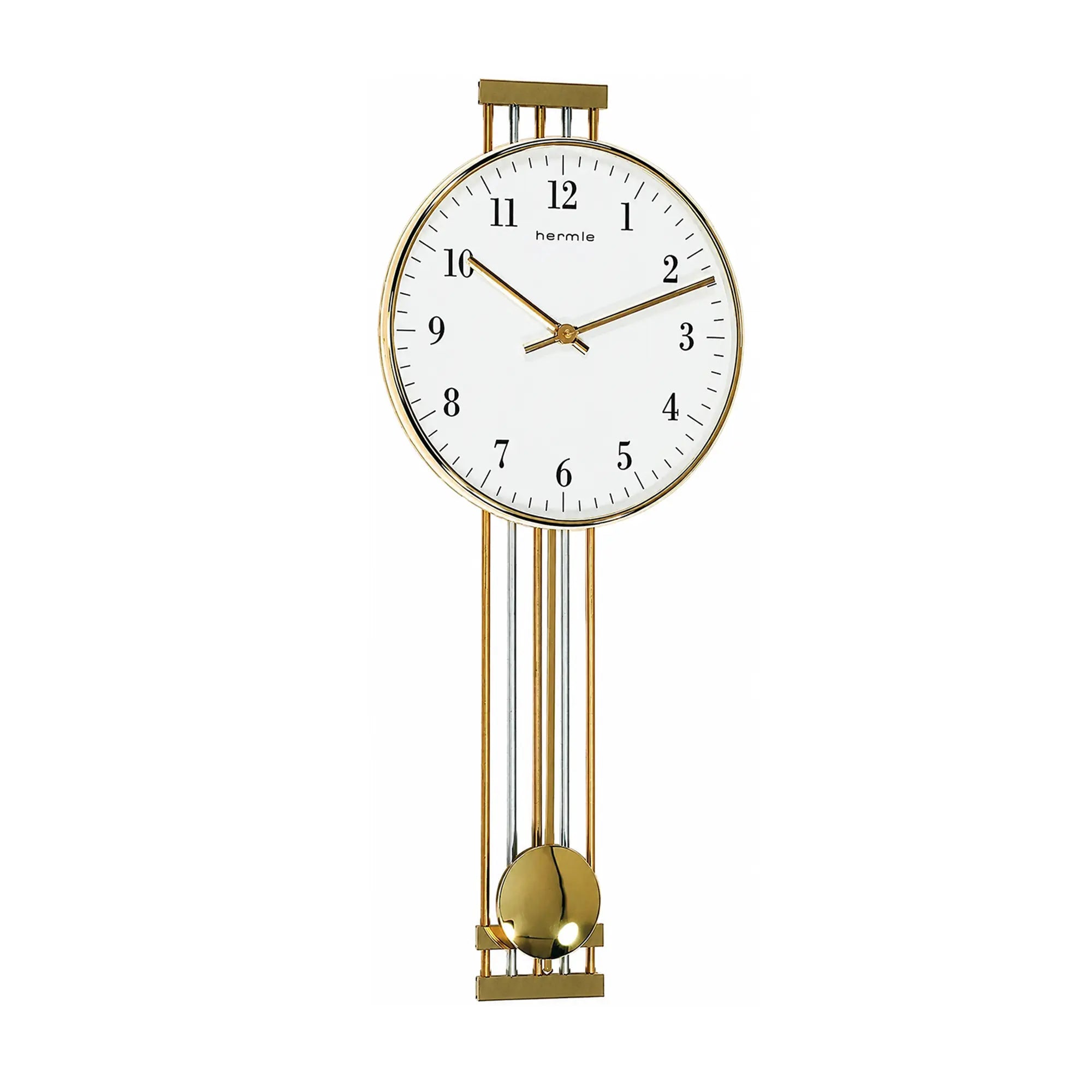 Wall clock with round gold-colored case, white dial, and golden pendulum rods.